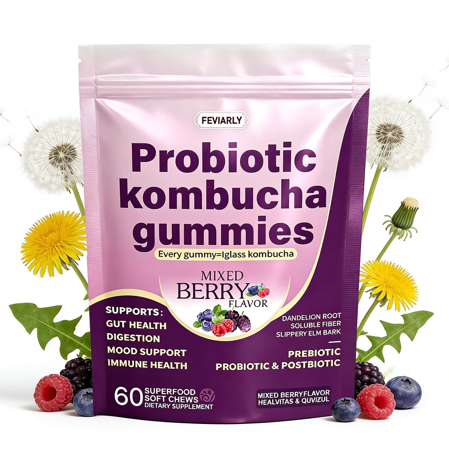 Feviarly Probiotic Kombucha Gummy Chewing sugar, Probiotic for Men and Women, with Prebiotic Probiotic and Postbiotic, Dandelion Root, Slippery Elm Bark, Supports Gut and Digestive Health, 7