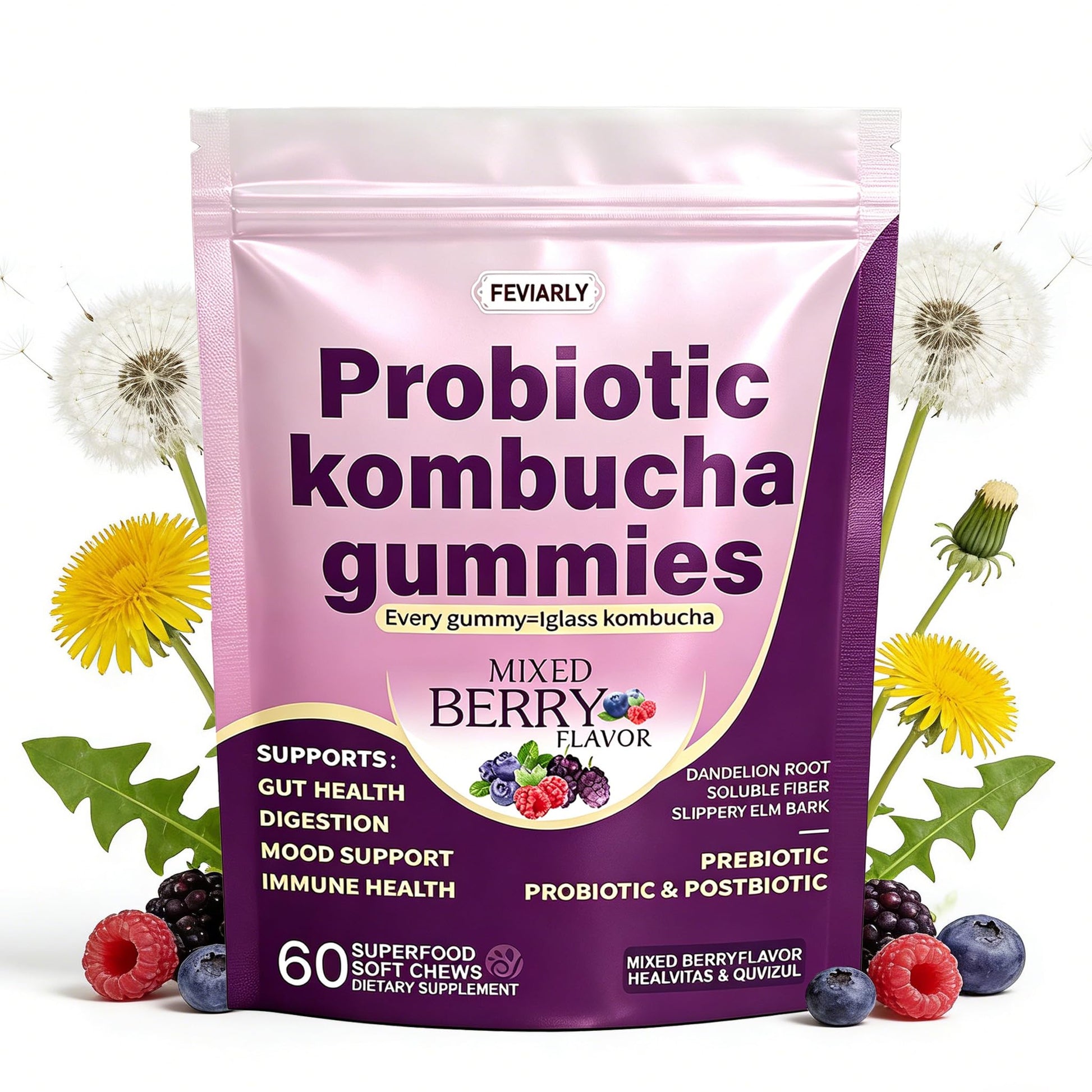 Feviarly Probiotic Kombucha Gummy Chewing sugar, Probiotic for Men and Women, with Prebiotic Probiotic and Postbiotic, Dandelion Root, Slippery Elm Bark, Supports Gut and Digestive Health, 7