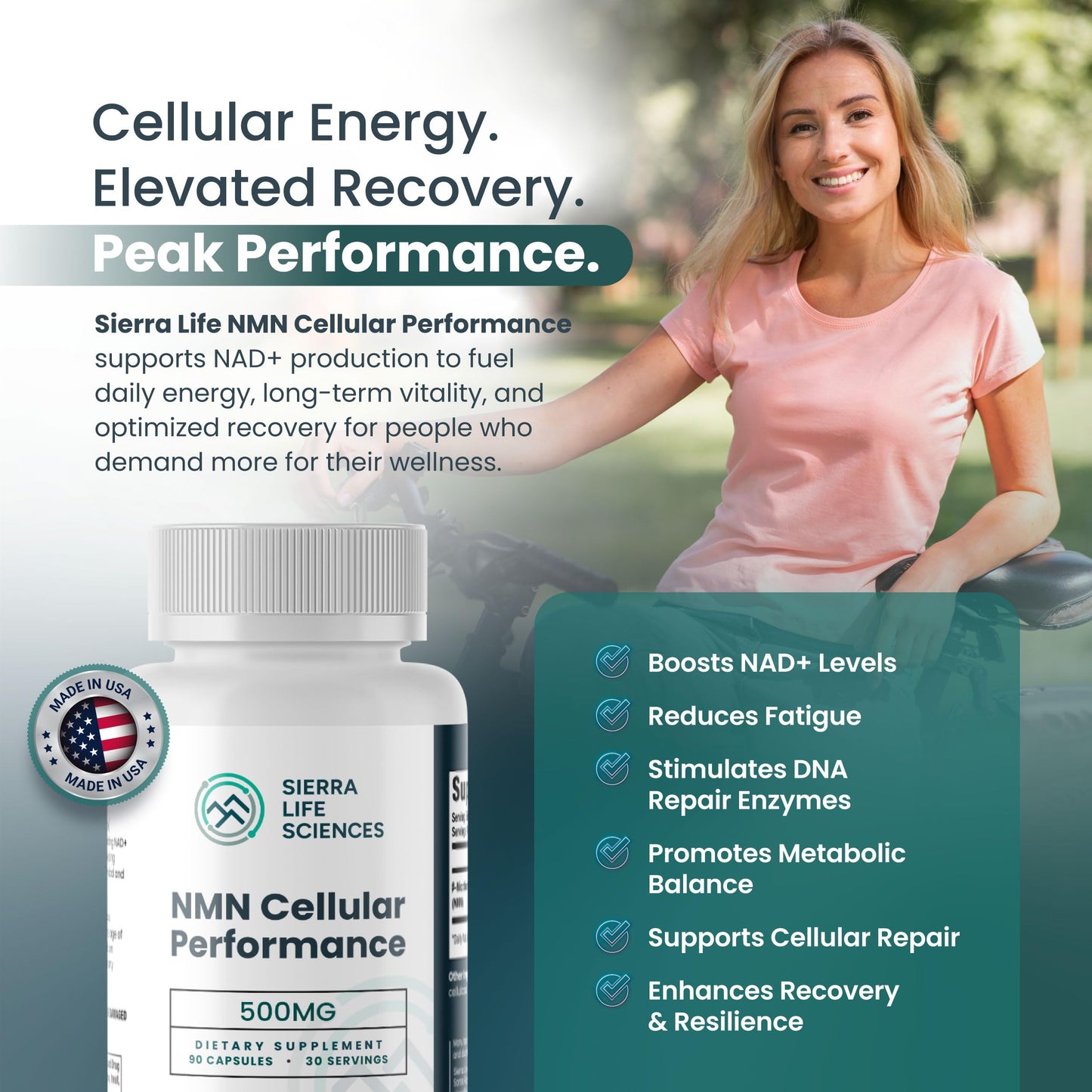 SIERRA LIFE SCIENCES NMN Cellular Performance 500mg Nicotinamide Mononucleotide for NAD+ Support, Cellular Energy & Recovery, Longevity & Performance Supplement, 90 Capsules