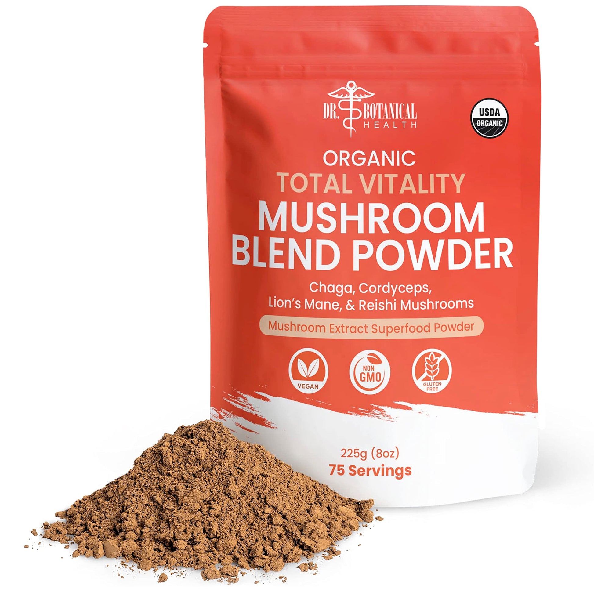 Dr. Botanical Health Organic Mushroom Blend - 4-in-1 Reishi, Lion’s Mane, Cordyceps and Chaga Mushroom Supplement Extract Complex for Immune Boost & Brain Support Powder, 8