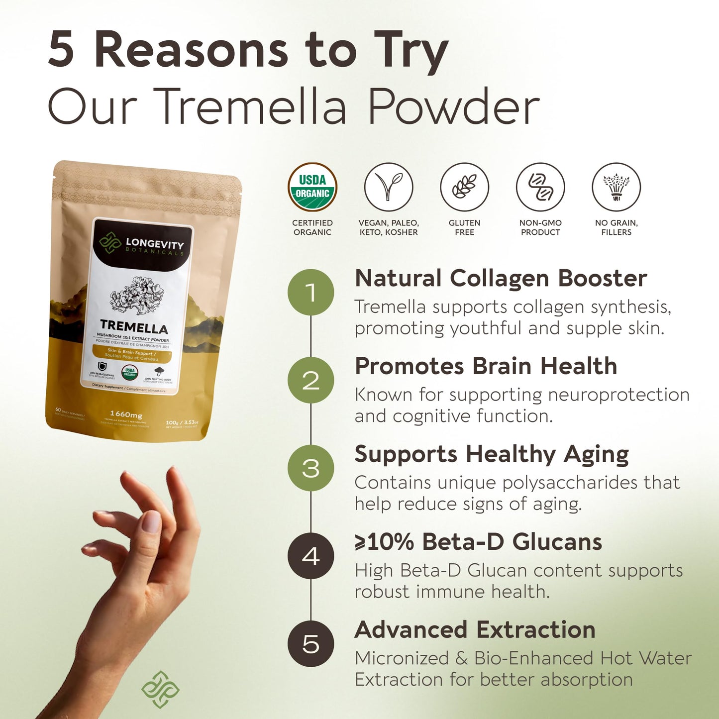 Longevity Botanicals Tremella Mushroom Powder 3.5 oz