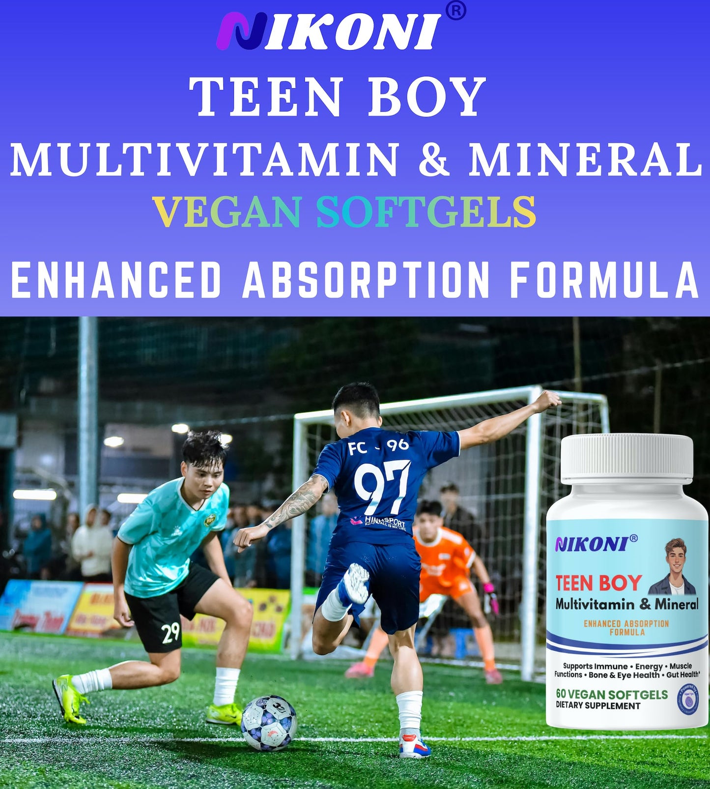 Nikoni Teen Boy Multivitamin & Mineral Vegan Softgels – Enhanced Absorption Formula – 60 Ct