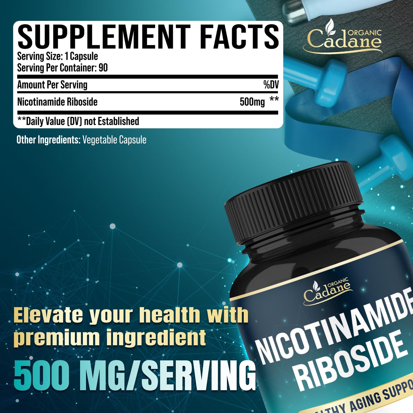 Organic Cadane Nicotinamide Riboside Supplement Capsules, 90 Count