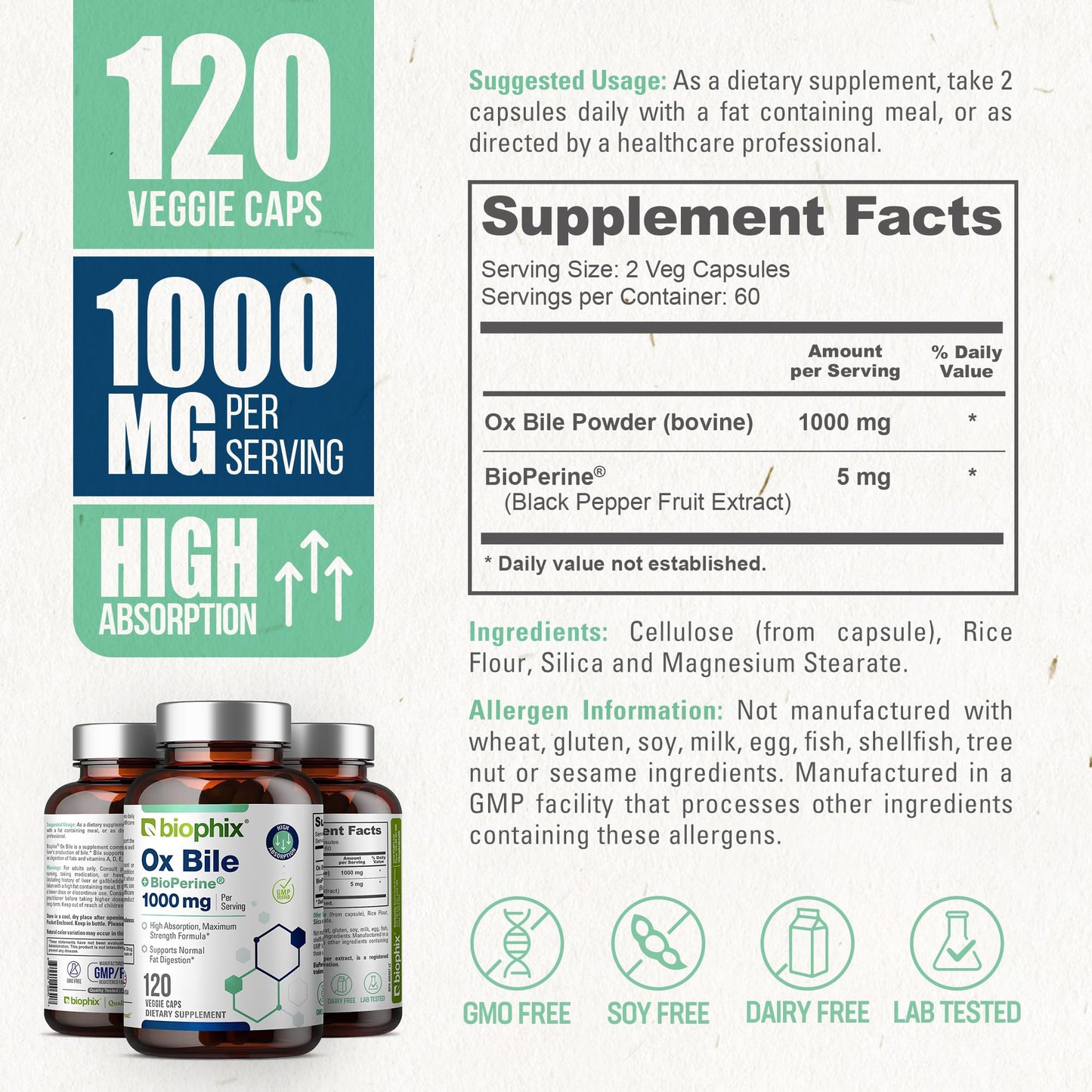 Biophix Ox Bile 1000 mg with BioPerine Veggie Capsules, 120 Count