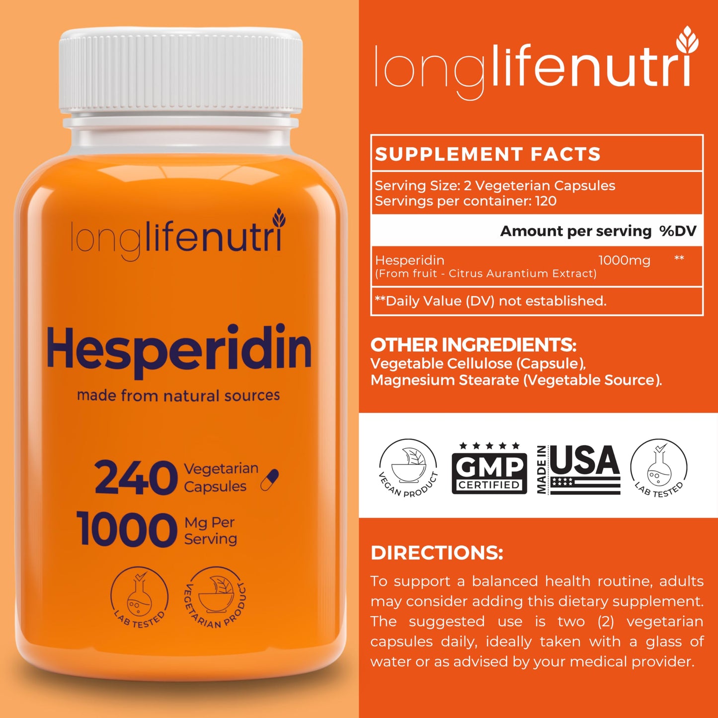 LongLifeNutri Hesperidin 1000mg Capsule 240 Count