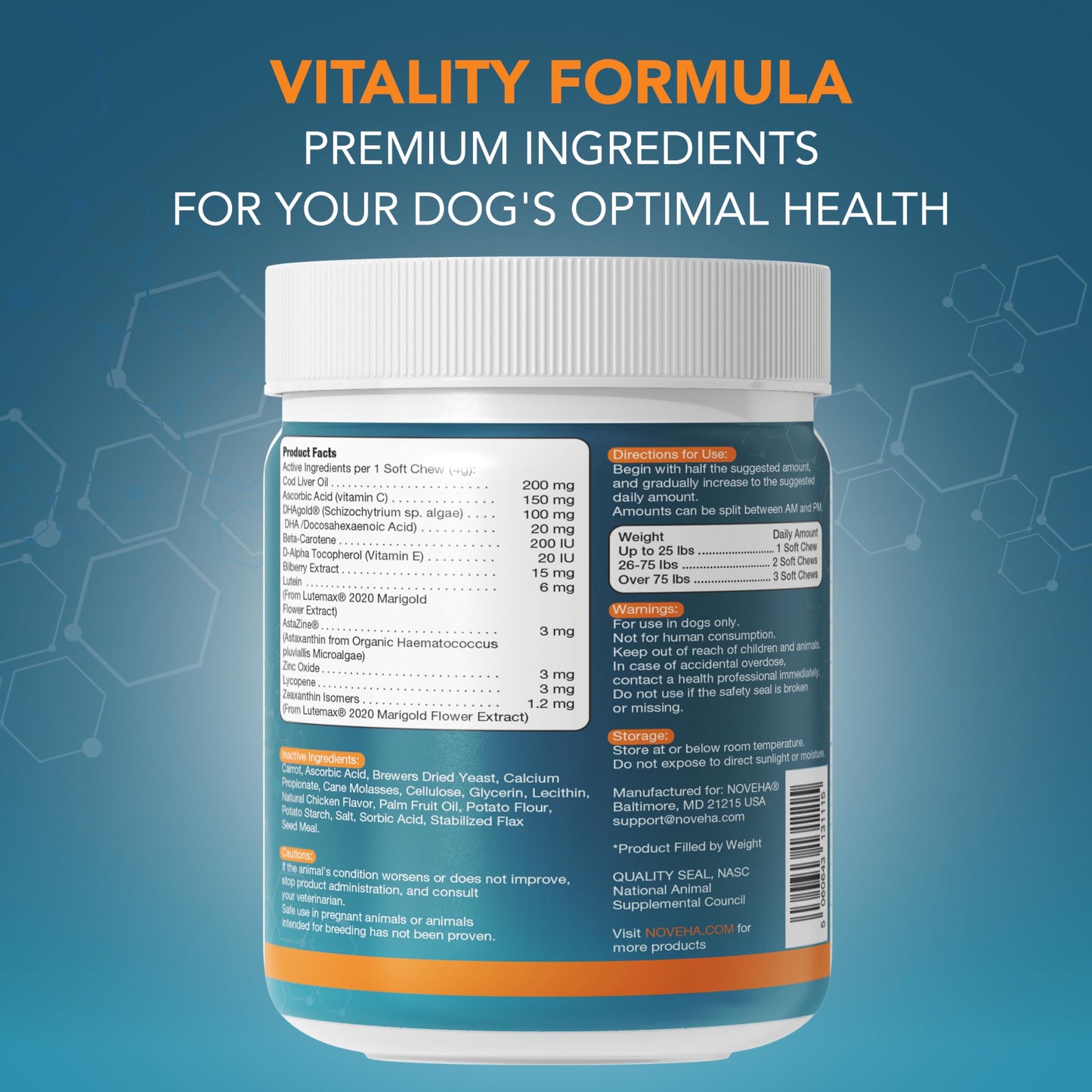 NOVEHA Soft Chews for Dogs with Lutein, Astaxanthin & Omega-3 from Fish Oil, Chicken Flavor, Made in USA, 180 Chews