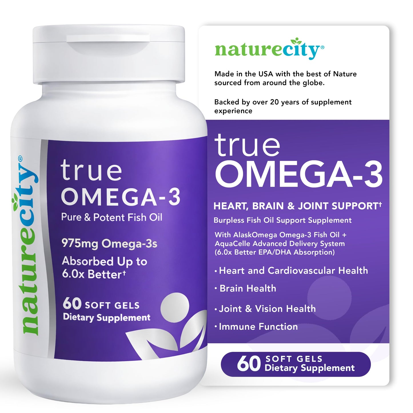 NatureCity True-Omega-3 975mg Omega-3 Fish Oil Supplements with Enhanced Absorption from AquaCelle for Heart, Brain & Joint Support Softgels 60