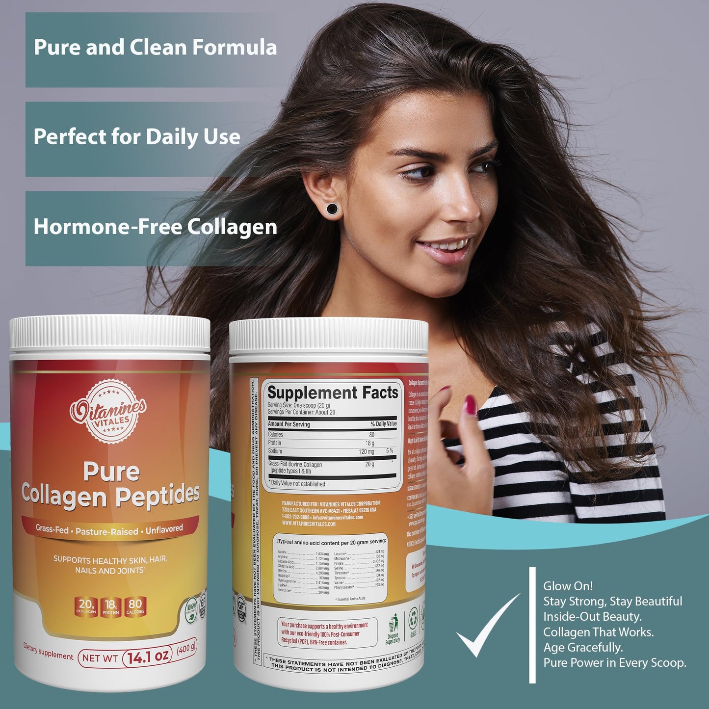 Vitamines Vitales Pure Collagen Peptides – Grass-Fed Hydrolyzed Collagen Powder, 14.1 oz