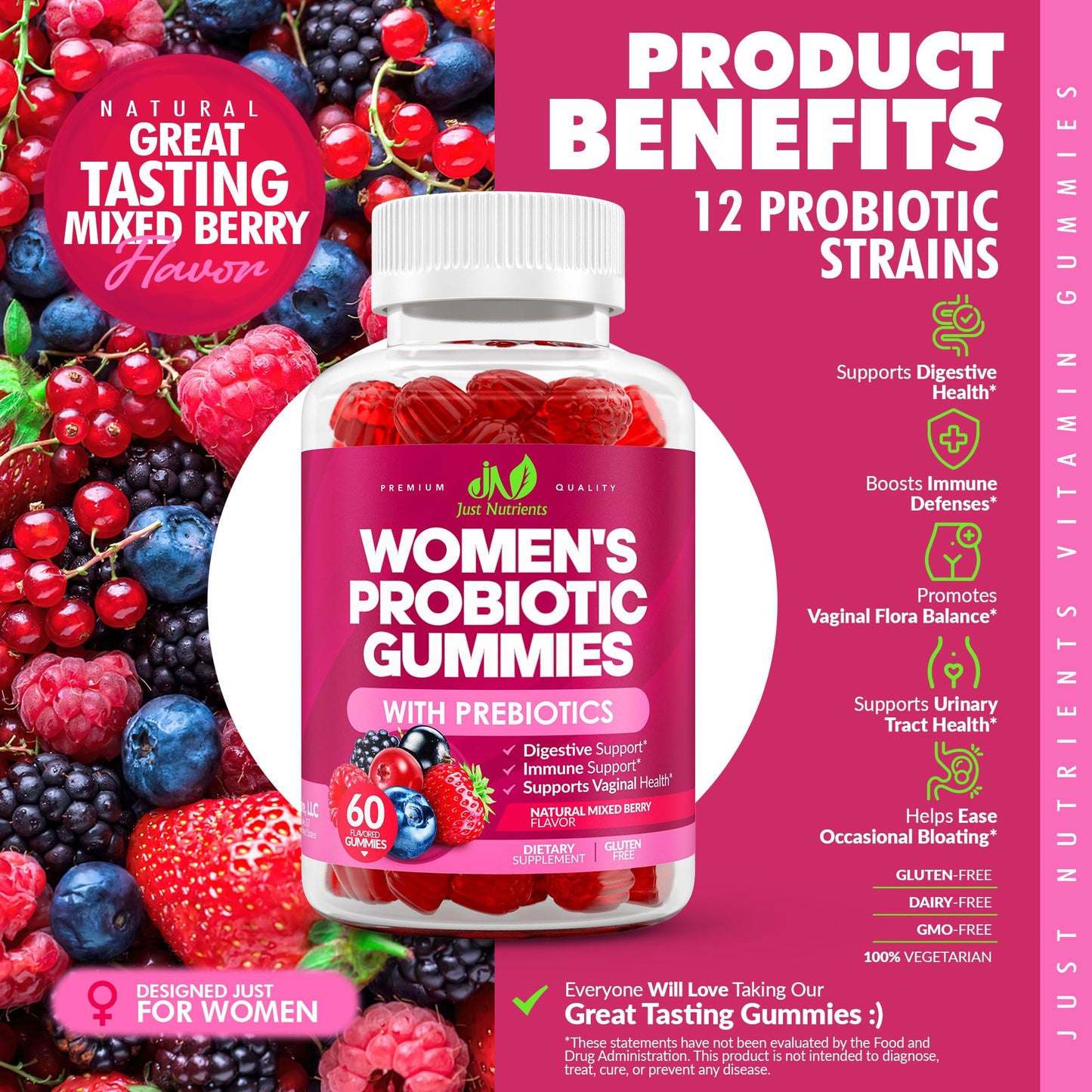 Just Nutrients Women's Probiotic Gummies with Prebiotics, 60 Gummies