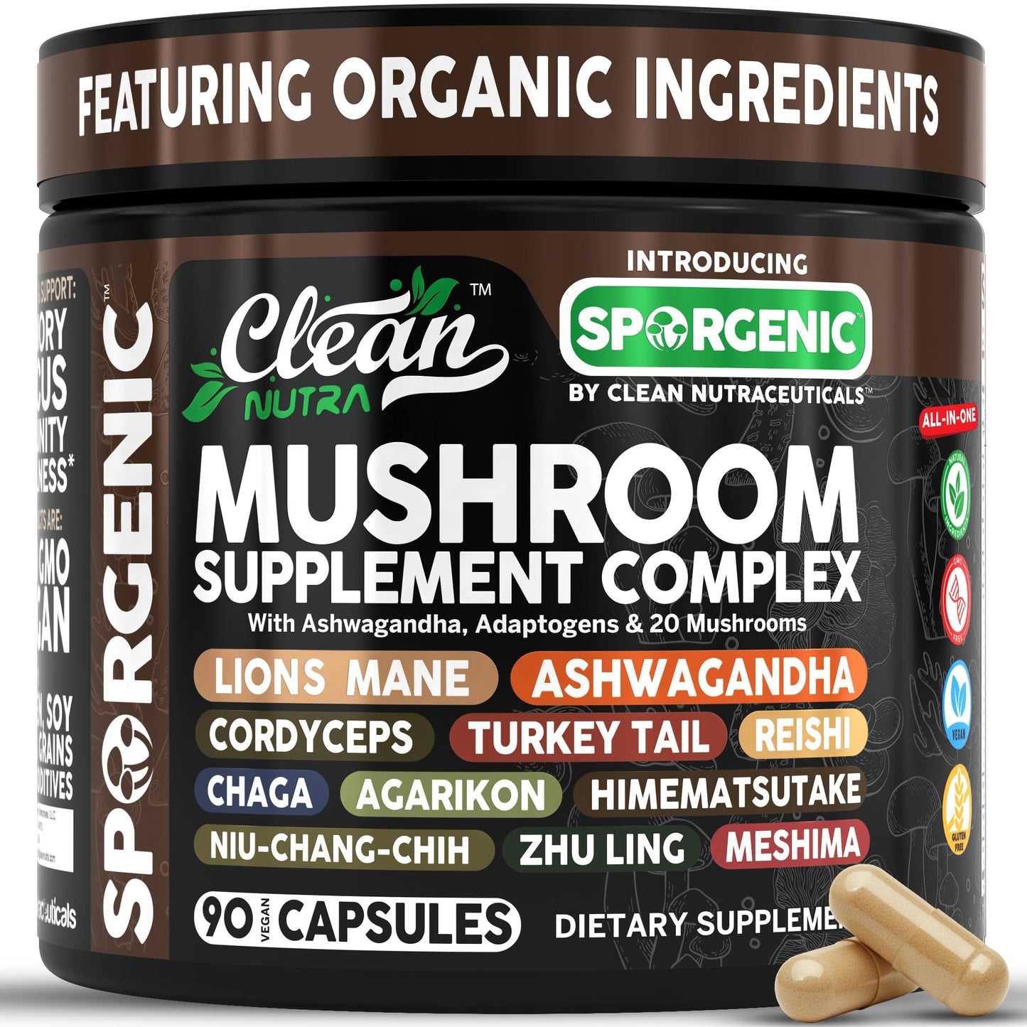 Clean Nutraceuticals Organic Mushroom Supplement 90 Capsules