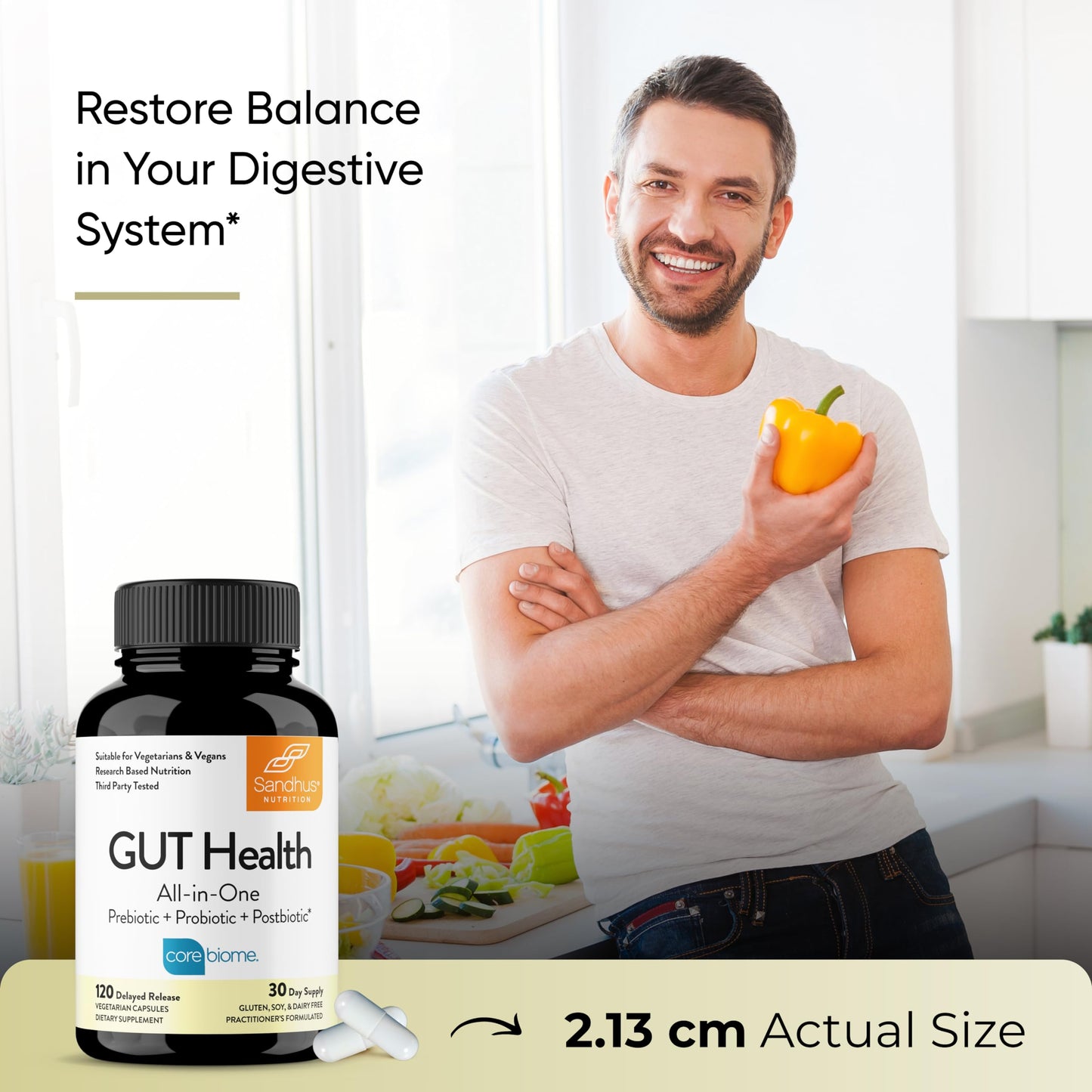 Sandhu's Gut Health Prebiotic, Probiotic, Postbiotic & L-Glutamine Capsules, 120 Count