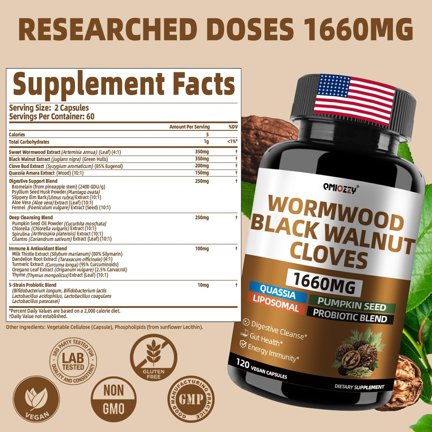 Qmiozzy Wormwood Black Walnut Clove Parasite Cleanse Capsule 117 Count