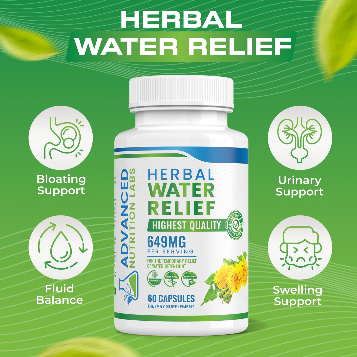 Advanced Nutrition Labs Herbal Water Relief Diuretic Water Pills for Water Retention, Bloating, Swollen Legs, Feet - Dandelion Extract Supplement - Water Retention Loss - Diuretics for Women & Men, 60 Capsules