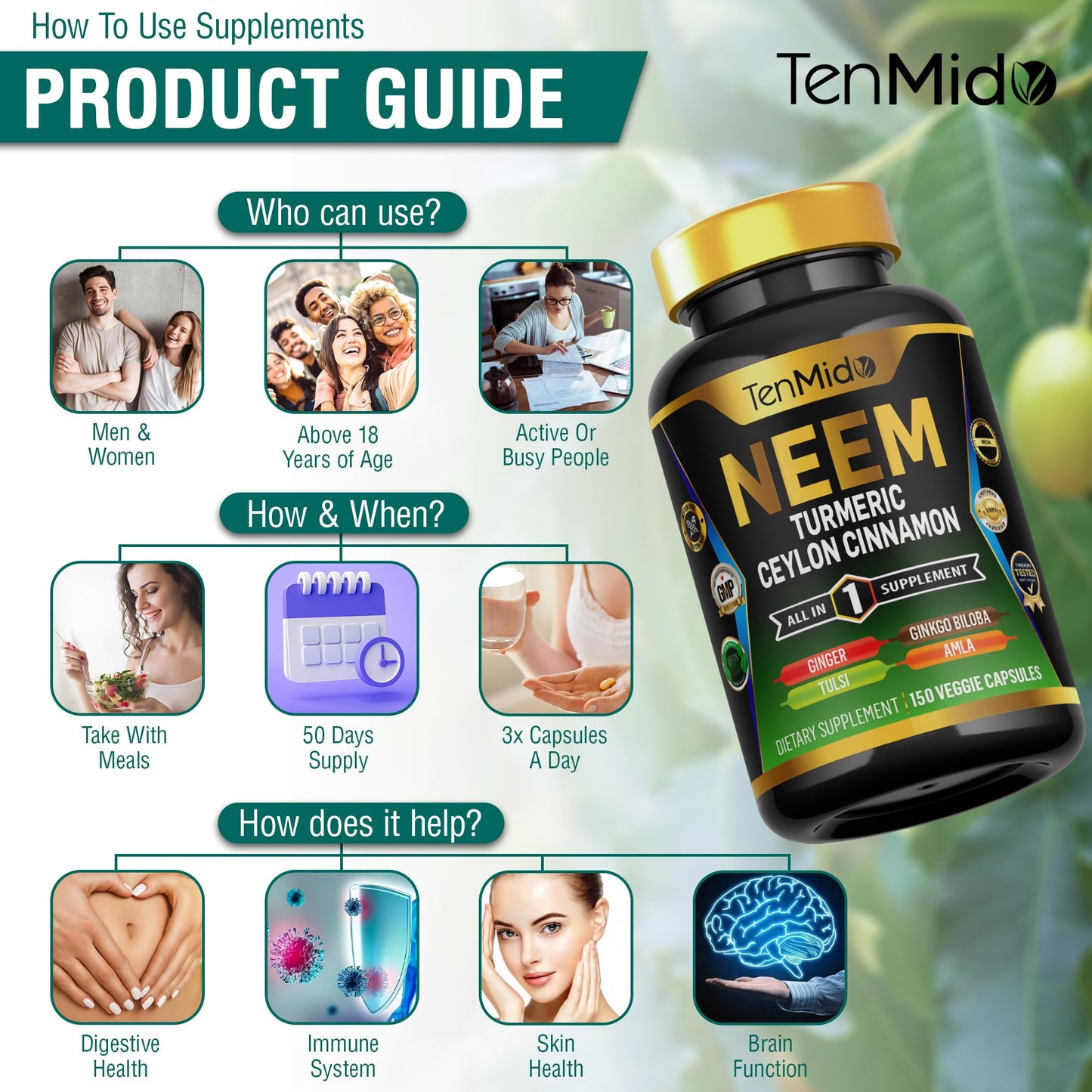 Tenmido Neem Leaf Supplement Capsule 150 Count