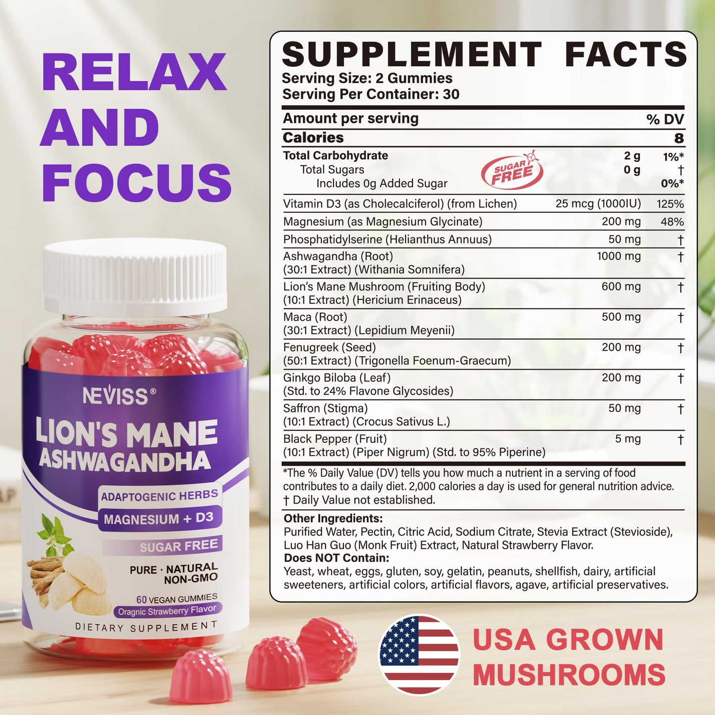 NEVISS Lions Mane Ashwagandha Magnesium Glycinate Calm Gummies 120