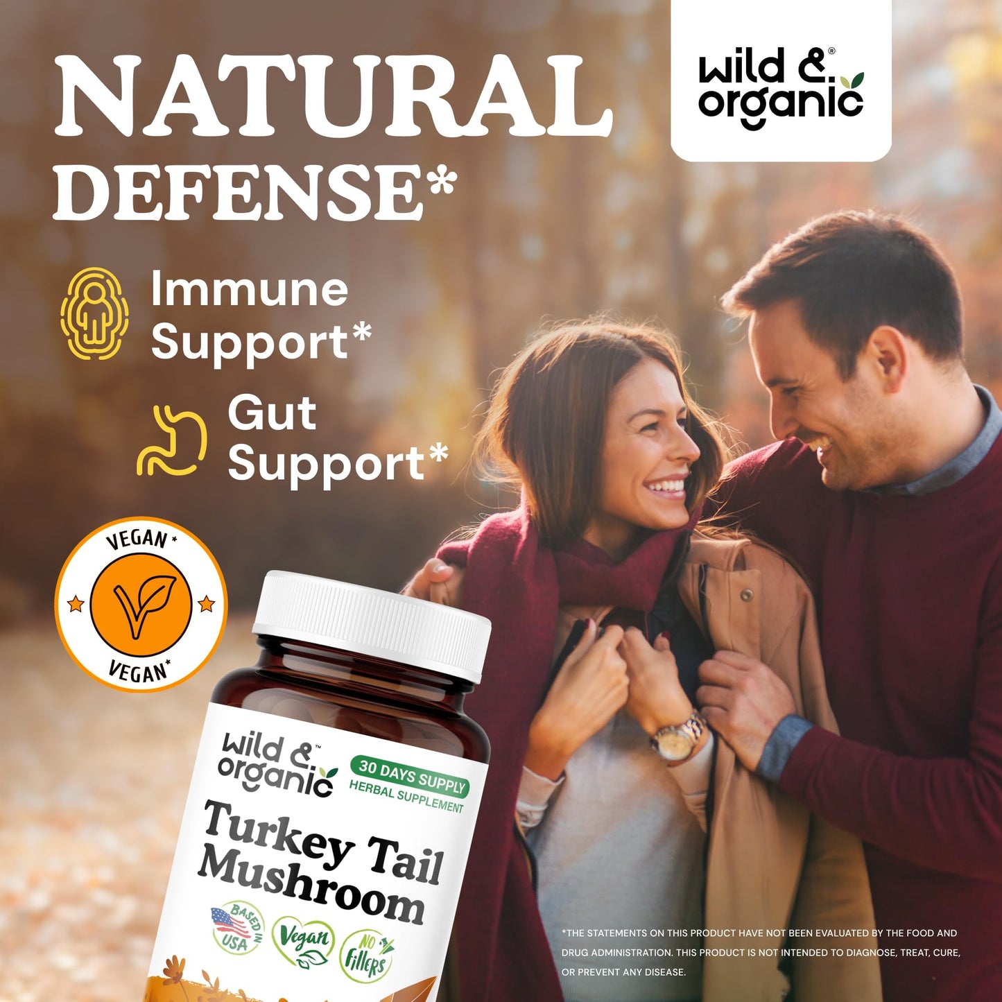 Wild & Organic Turkey Tail Mushroom Capsules 1000 mg Immune Support, 60 Capsules