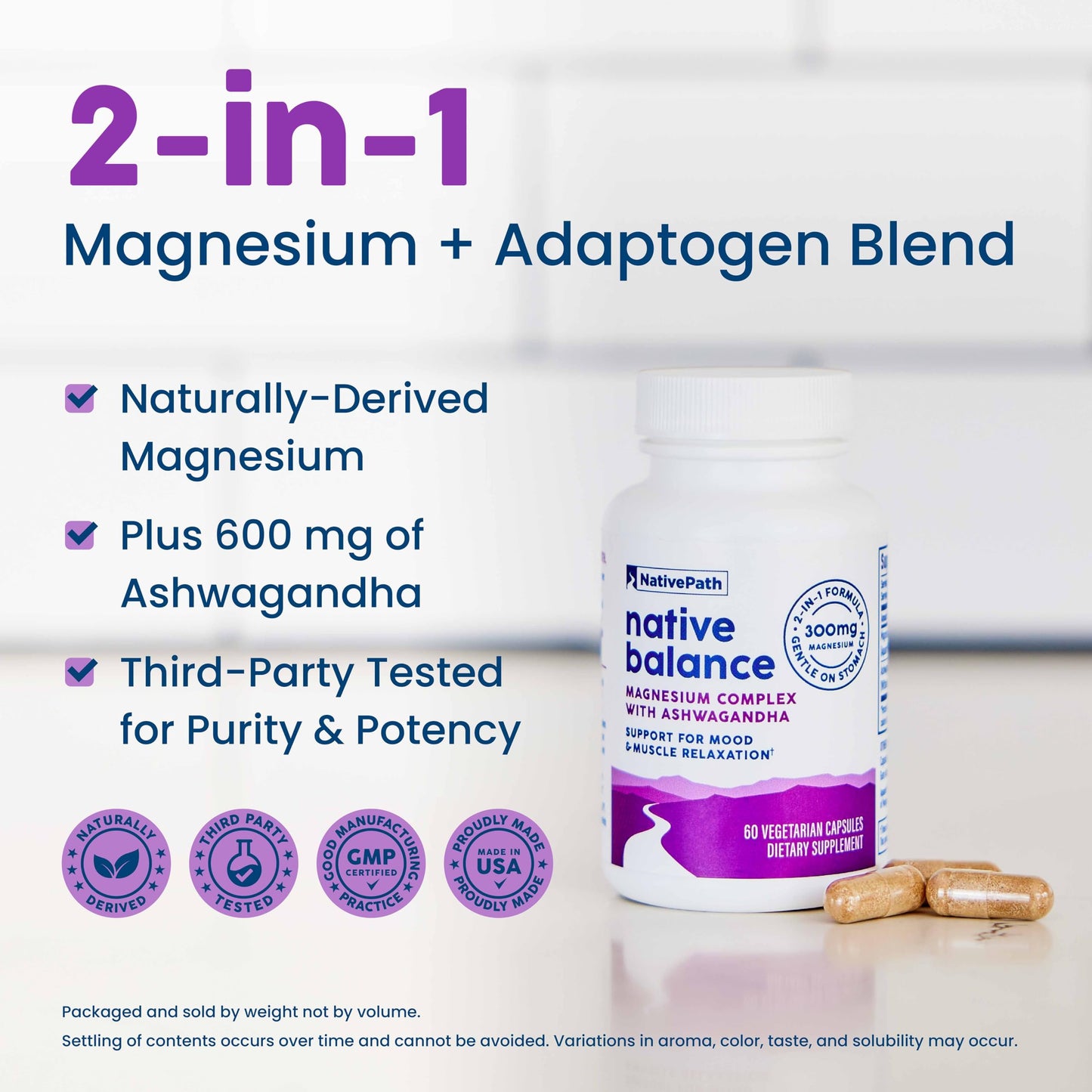 NativePath Native Balance Magnesium Supplement with Ashwagandha - High Absorption Aquamin Ocean-Sourced Formula, 60 Capsules