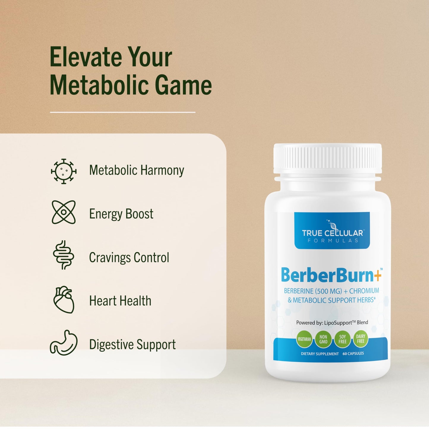 True Cellular Formulas BerberBurn+ Berberine Supplement, Magnesium & Chromium Capsules, 60 Count