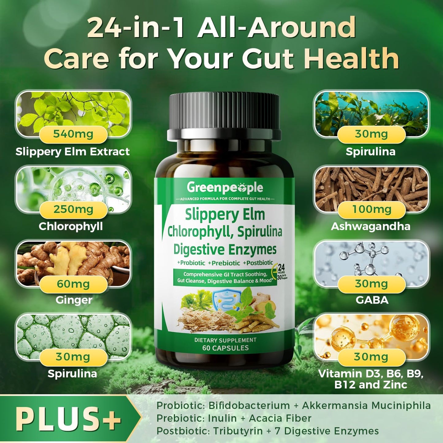 GREENPEOPLE Digestive Enzymes for Women & Men - Gentle Gut Health & Cleanse Capsule with Slippery Elm, Chlorophyll, Spirulina, Probiotics Complex - Complete Sensitive Gut Supplement, 60 Capsules
