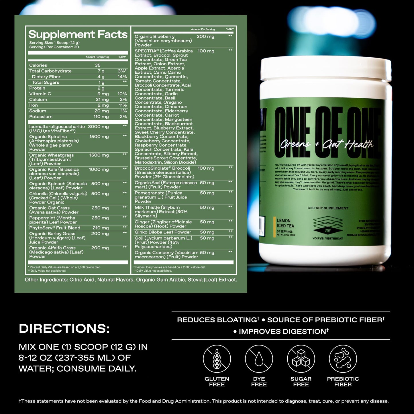 ONE OF ONE Greens & Gut Health Powder with Prebiotics, Probiotics & Digestive Enzymes for Gut Health, Immunity & Energy, No Artificial Sweeteners - Lemon Iced Tea, 30 Servings