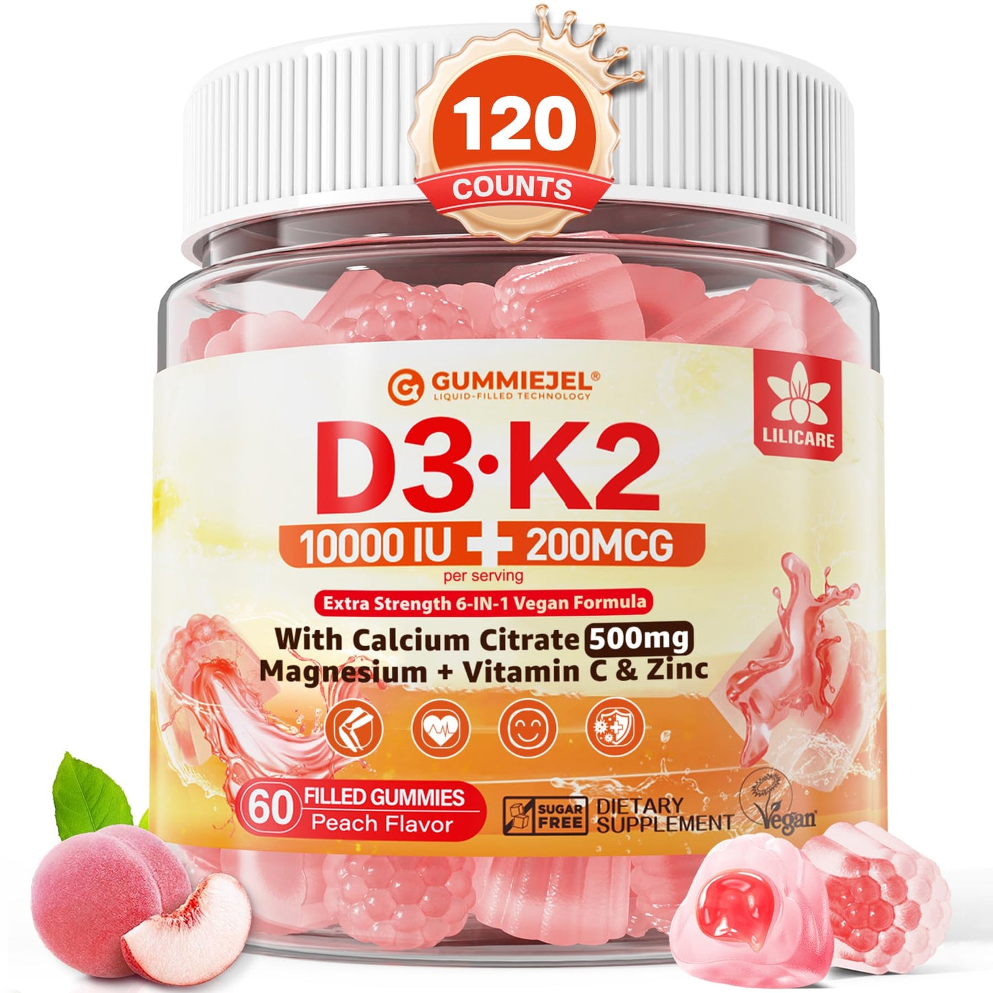 LILICARE Vitamin D3 K2 Filled Gummies, 120 Gummies
