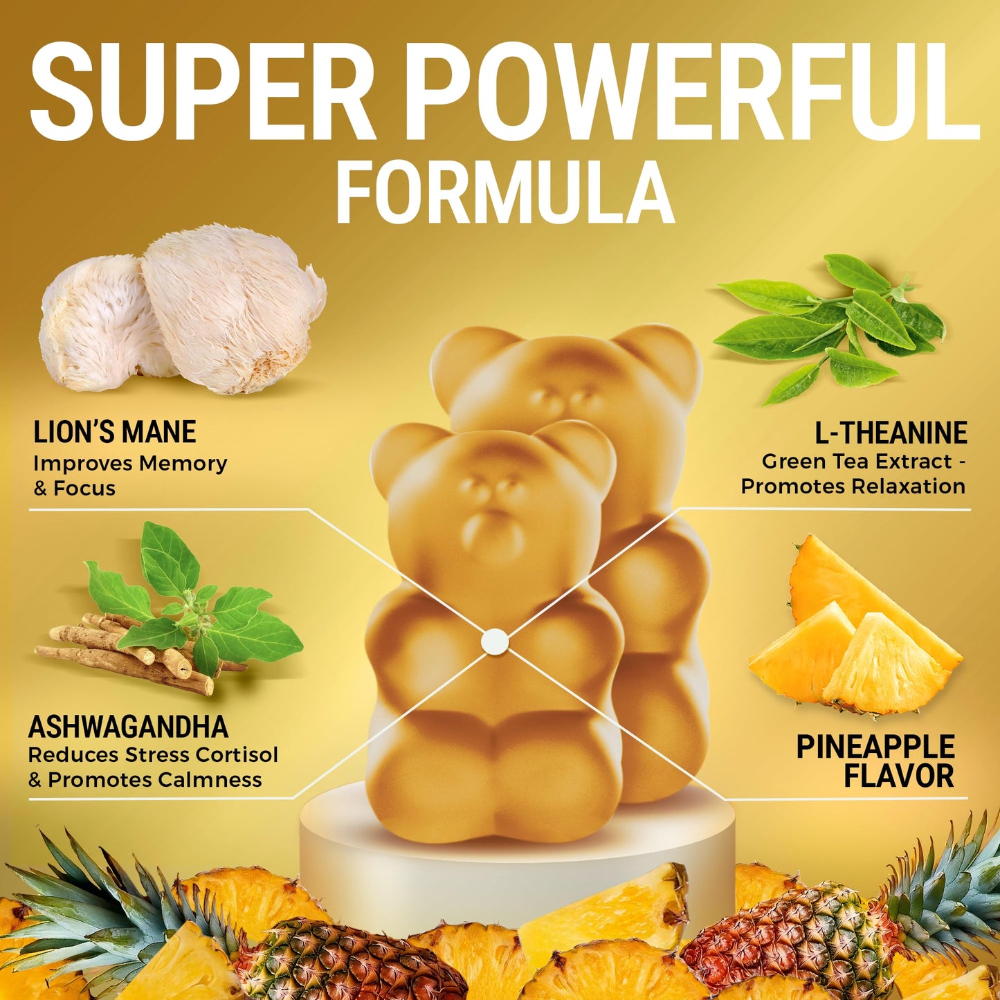 KEY ELEMENTS Lion's Mane Mushroom Gummies with Ashwagandha & L-Theanine, High Strength, 60 Gummies