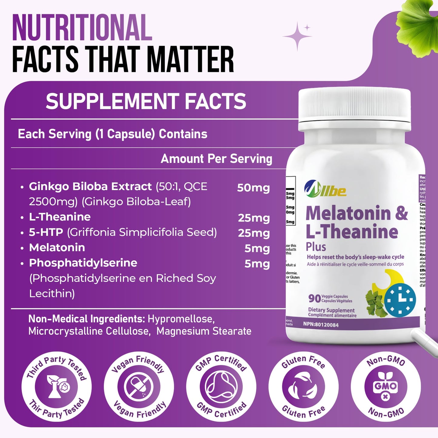 Allbe SleepCan Capsules, 5mg Melatonin with Phosphatidylserine and L-Theanine, 90 Count