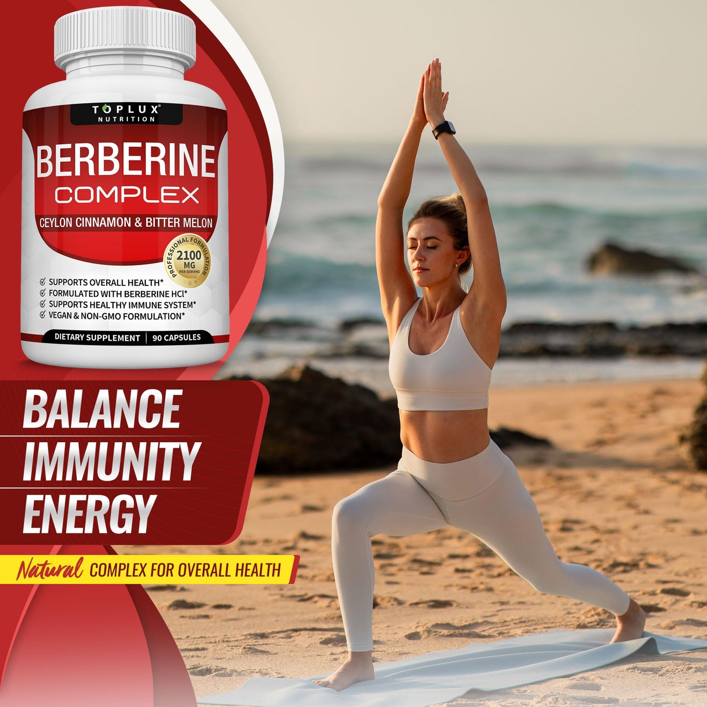 Toplux Berberine with Ceylon Cinnamon and Bitter Melon 2100mg - High Purity 97% HCL Berberine Supplement, 90 Capsules