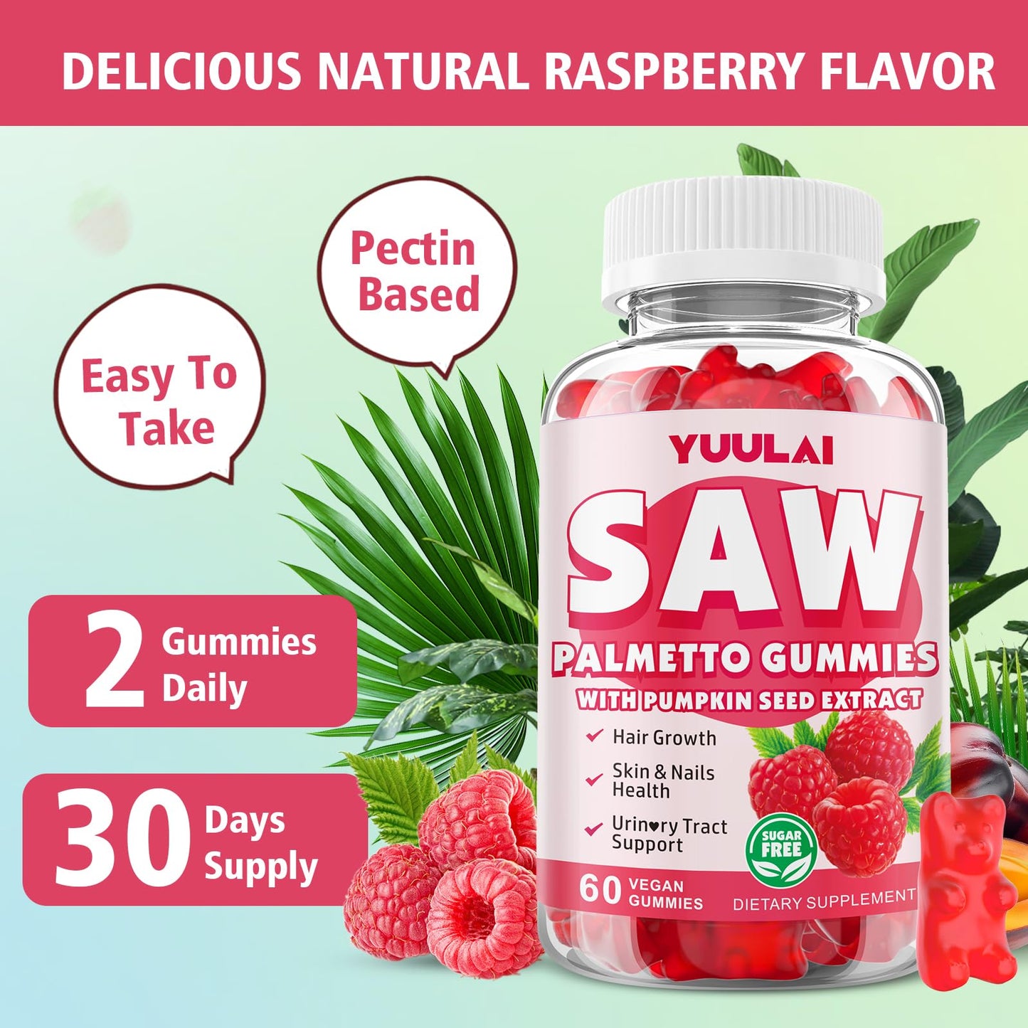 YUULAI Saw Palmetto Gummies for Women and Men, Organic Saw Palmetto with Pumpkin Seed Oil, Sugar Free Raspberry Flavor, 60 Gummies