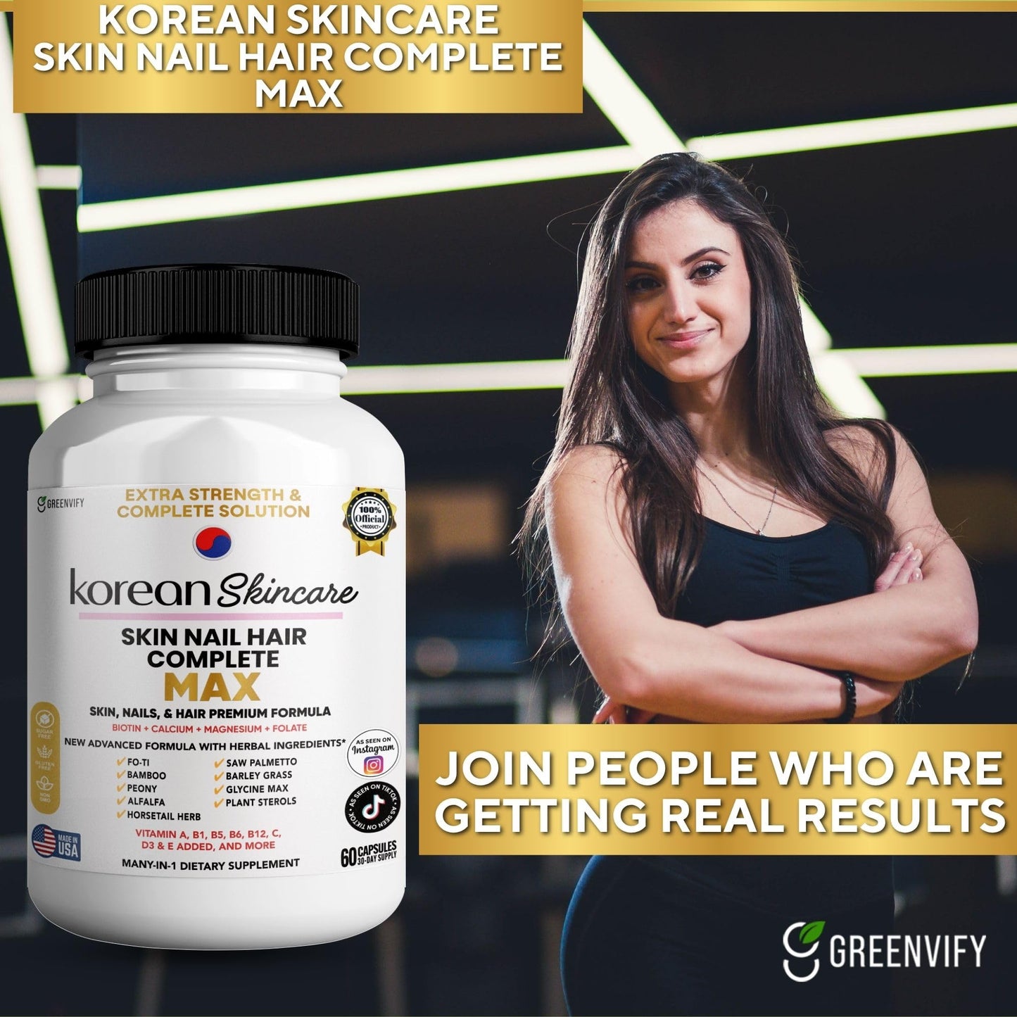 GREENVIFY Skin Nail Hair Complete Biotin with Folate, Magnesium & Vitamins Capsules, 60 Capsules
