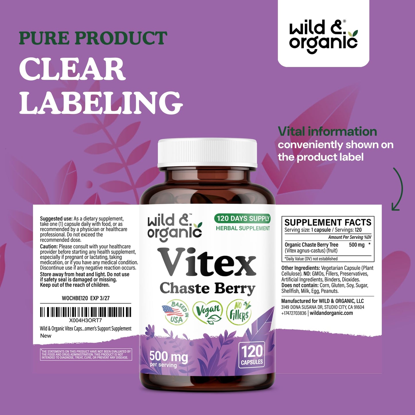 Wild & Organic Vitex Chasteberry Capsules 120 Count
