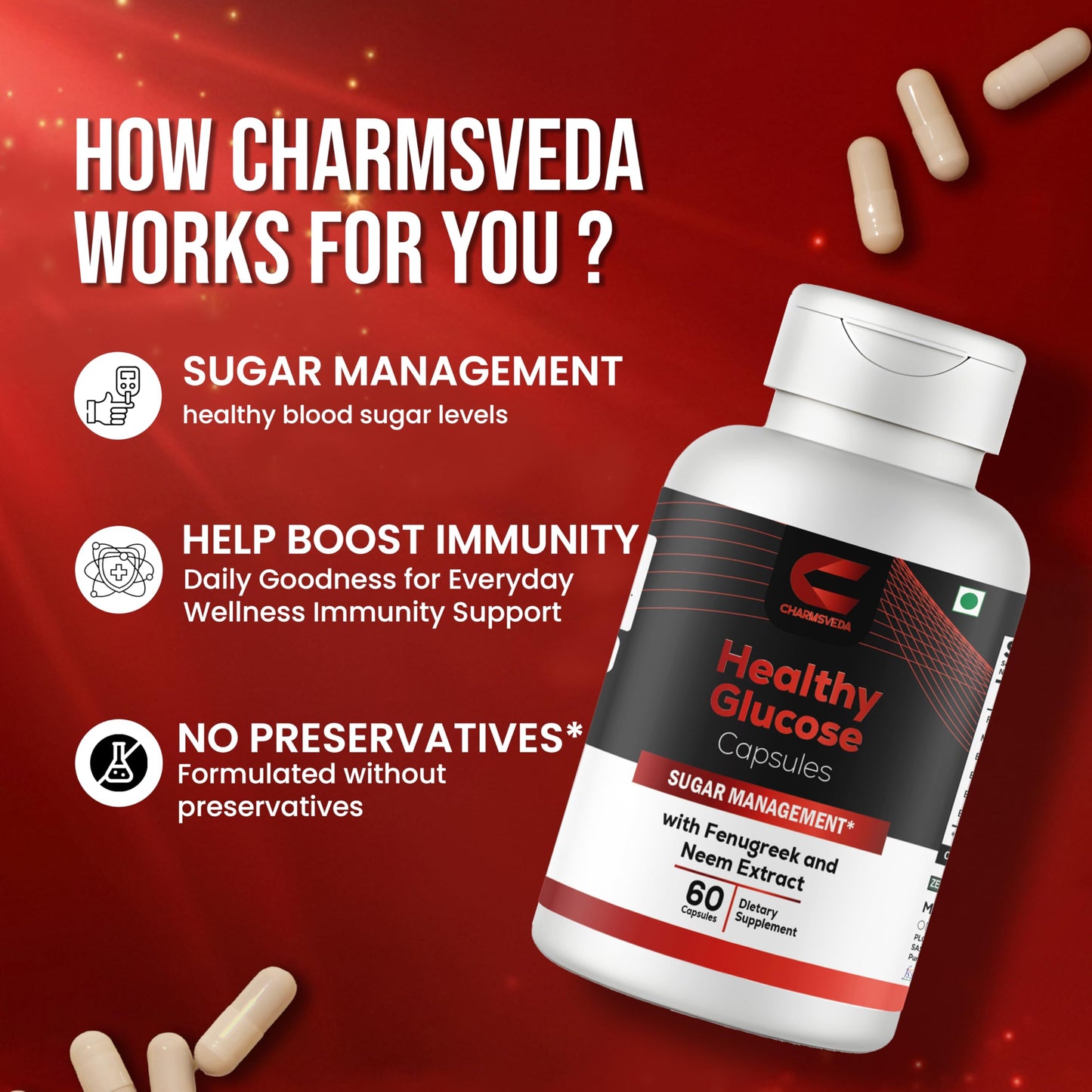 CHARMSVEDA Healthy Glucose Herbal Capsules with Fenugreek, Berberine, Neem, Bitter Gourd, Black Plum & Black Pepper, Daily Herbal Wellness Supplement, Vegan, Non-GMO, 60 Capsules
