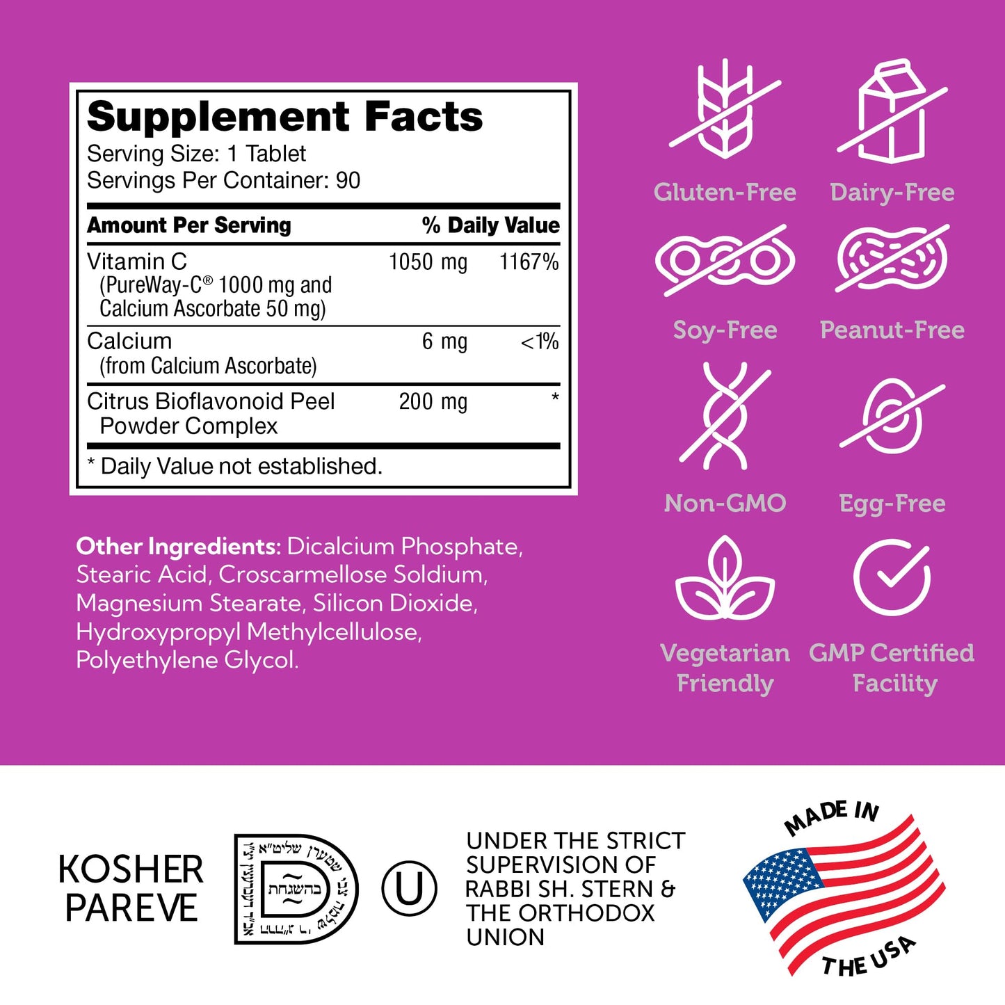 Zahler Vitamin C 1000mg Tablets with Bioflavonoids - High Potency for Immune Support - Gentle on Stomach - Gluten Free Supplement for Women & Men, 90 Tablets