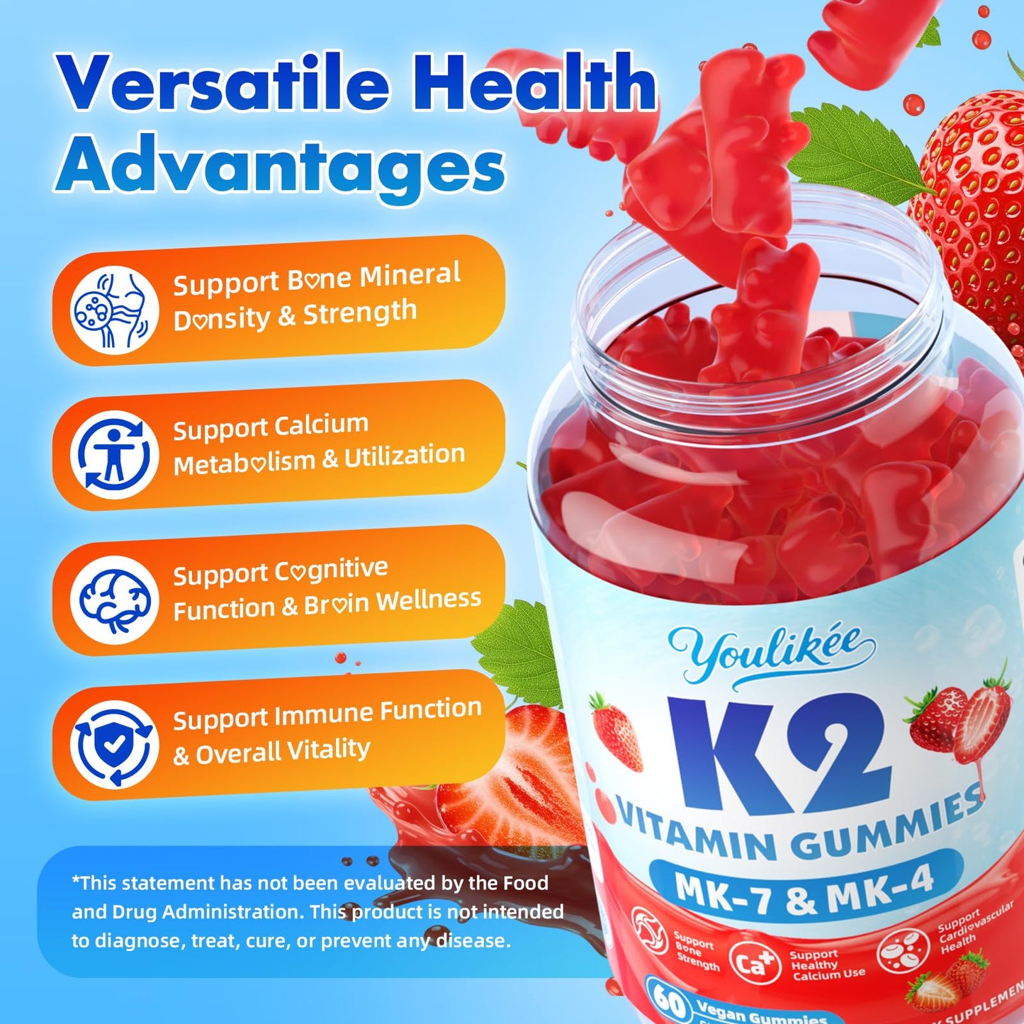 Youlikee Vitamin K2 Gummies Dual Formula Vitamin K2 Supplement with MK-7 & MK-4, 60 Gummies