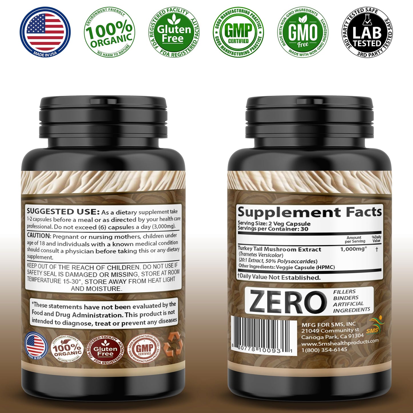 SMSHEALTHPRODUCTS.com Turkey Tail Mushroom Supplement Capsule, 60 Veggie Capsules