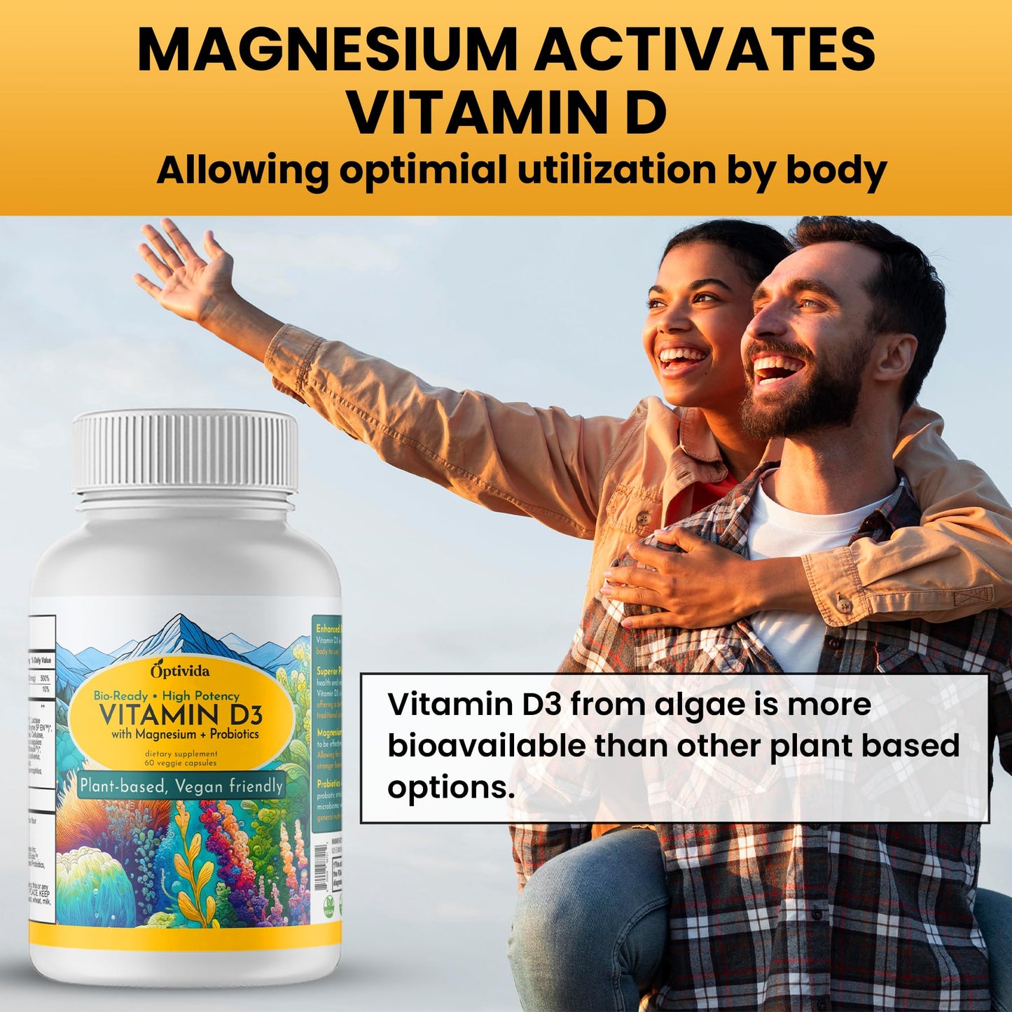 OPTIVIDA Bioavaiable Vegan Vitamin D3 4000 IU with Magnesium, Probiotics & Digestive Enzymes, 30 Capsules