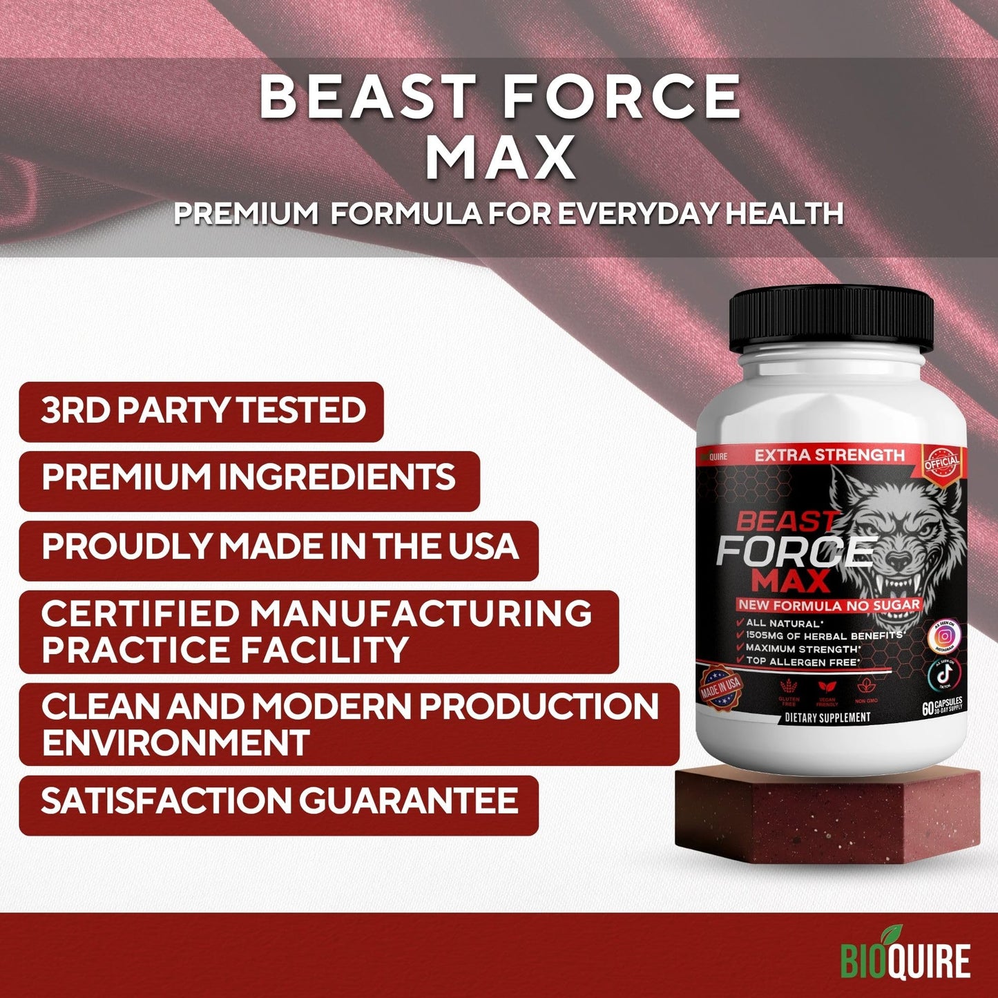 BIOQUIRE Beast Force Max Extra Strength Maca Root Complex 60 Capsules