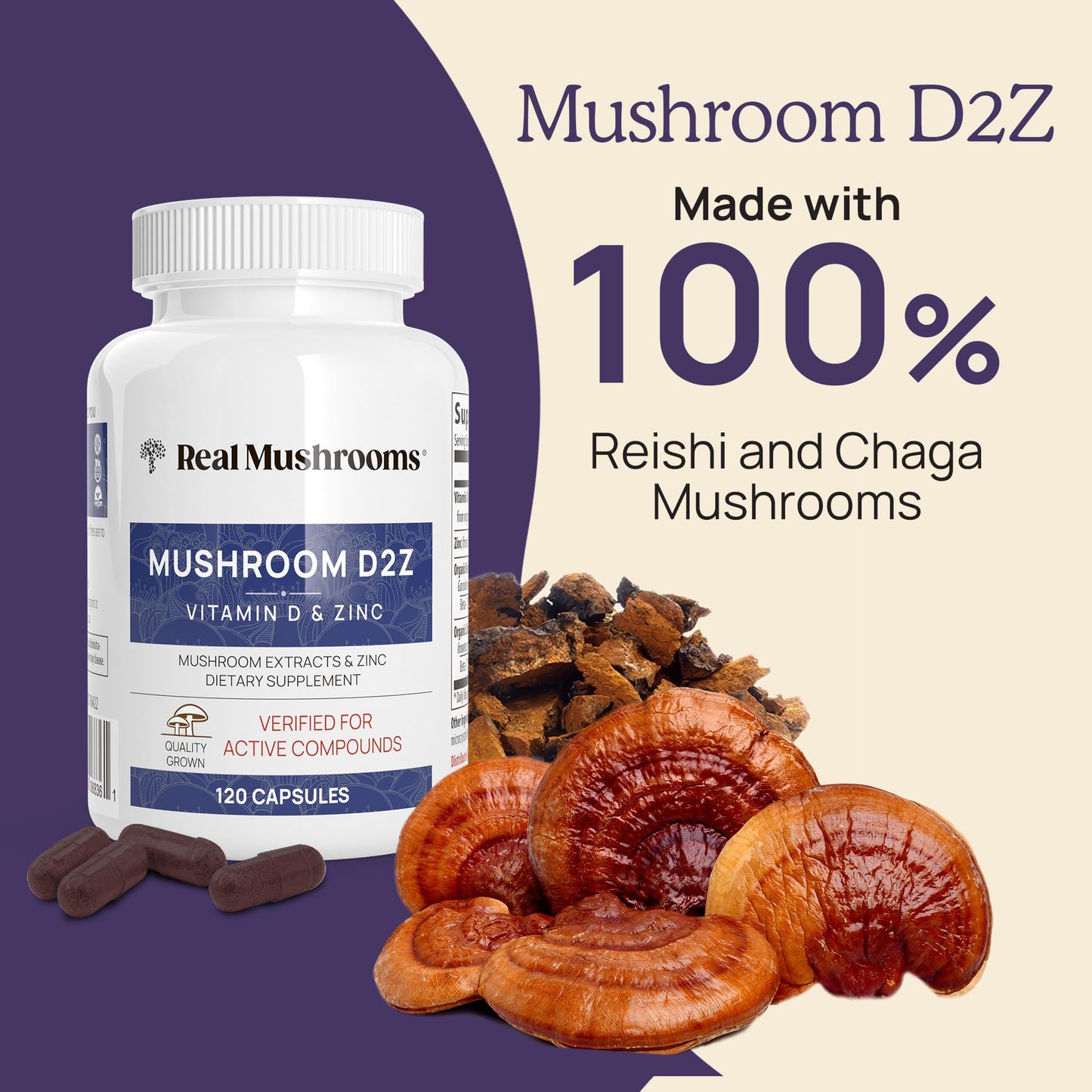Real Mushrooms Zinc and Vitamin D2 Capsules with Organic Chaga and Reishi Mushroom Extracts – Vegan, Non-GMO, Gluten-Free, 120 Count
