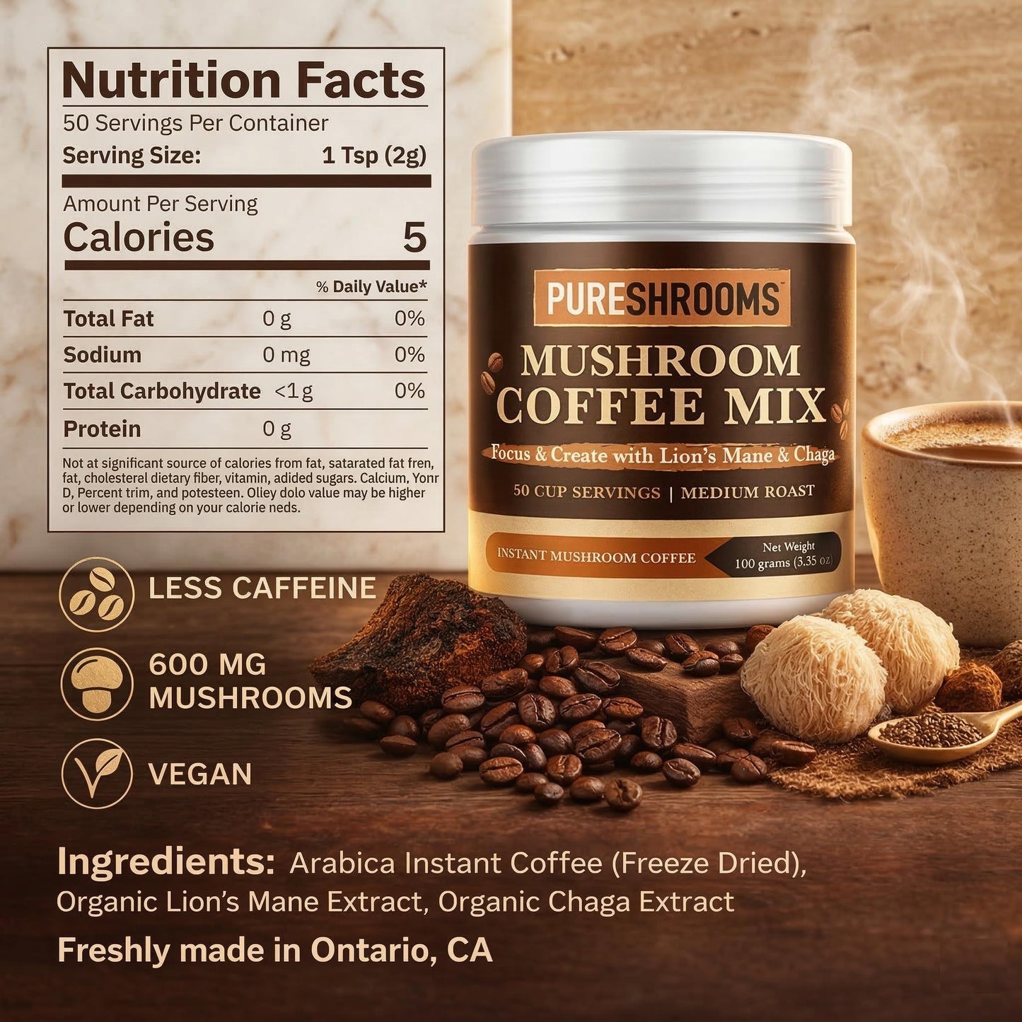 PureShrooms Focus & Create Organic Instant Mushroom Coffee with Lion's Mane & Chaga – Nootropic Brain & Immune Support, Powder, 3.53 oz