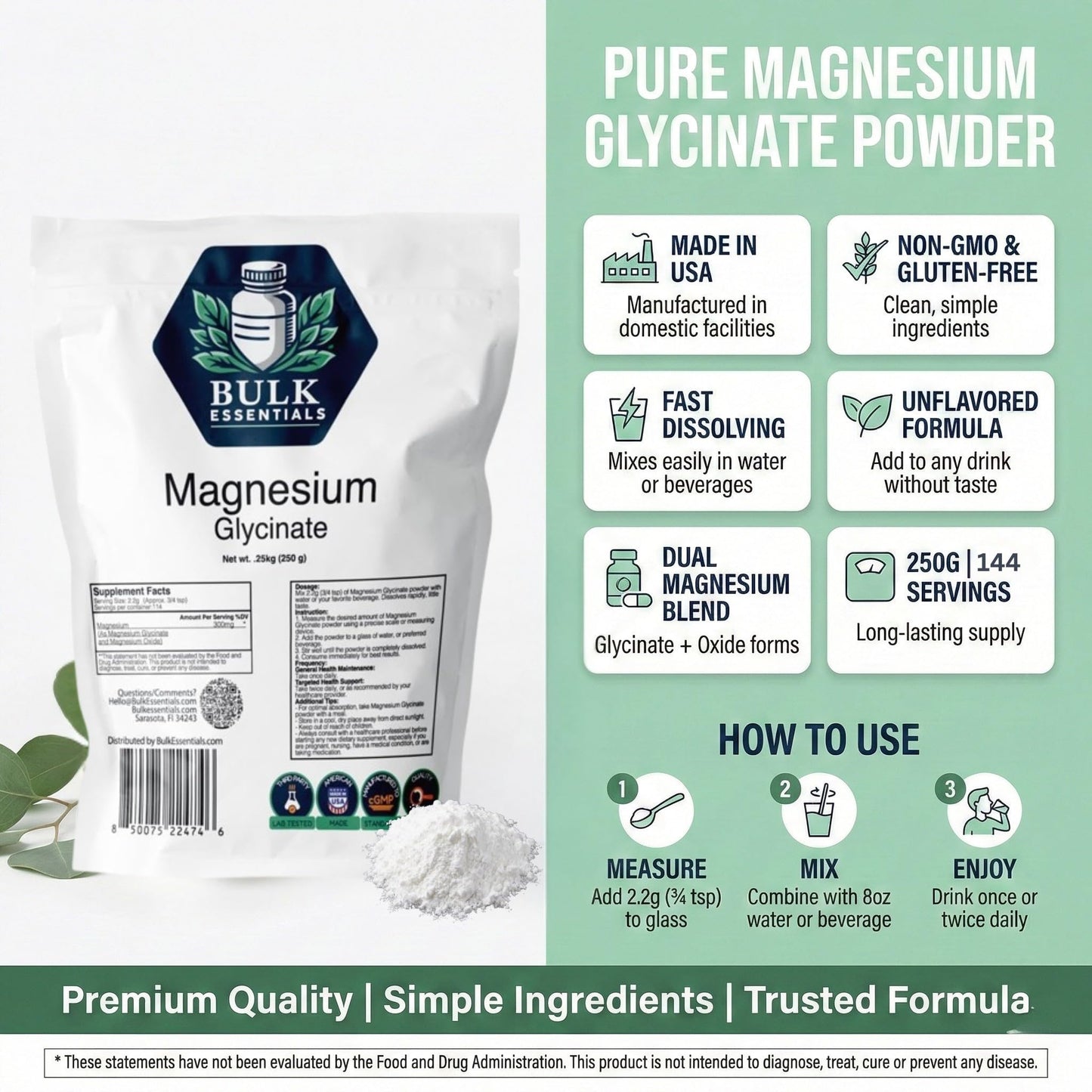 Bulk Essentials Magnesium Glycinate Powder 8.81 oz