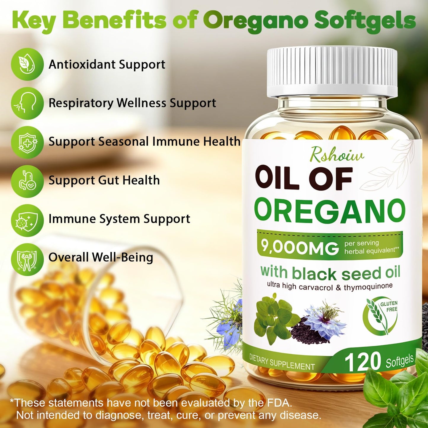 Rshoiw Oil of Oregano & Black Seed Oil Softgels, 120 Softgels