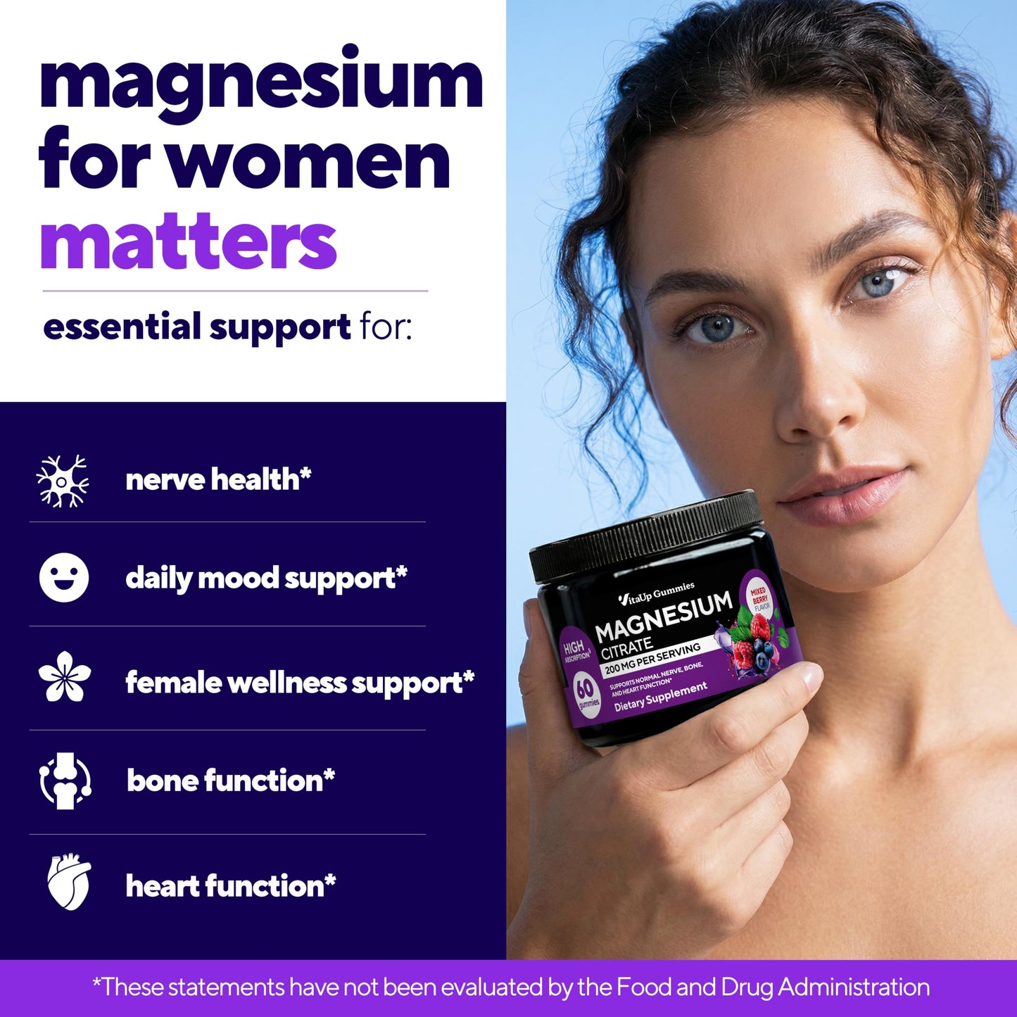 VitaUp Magnesium Gummies for Women 200 mg – High Absorption Magnesium Citrate – Chewable Supplement for Adults to Support Normal Nerve, Bone & Heart Function – Vegan Chews, 60 Gummies