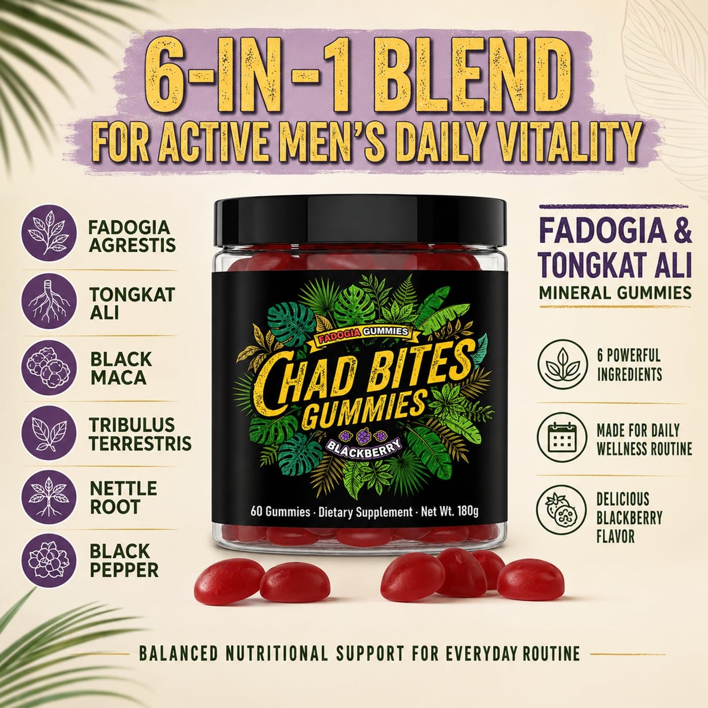 Chad Bites Gummies for Men Blackbrries Flavor Gummy 60 Count