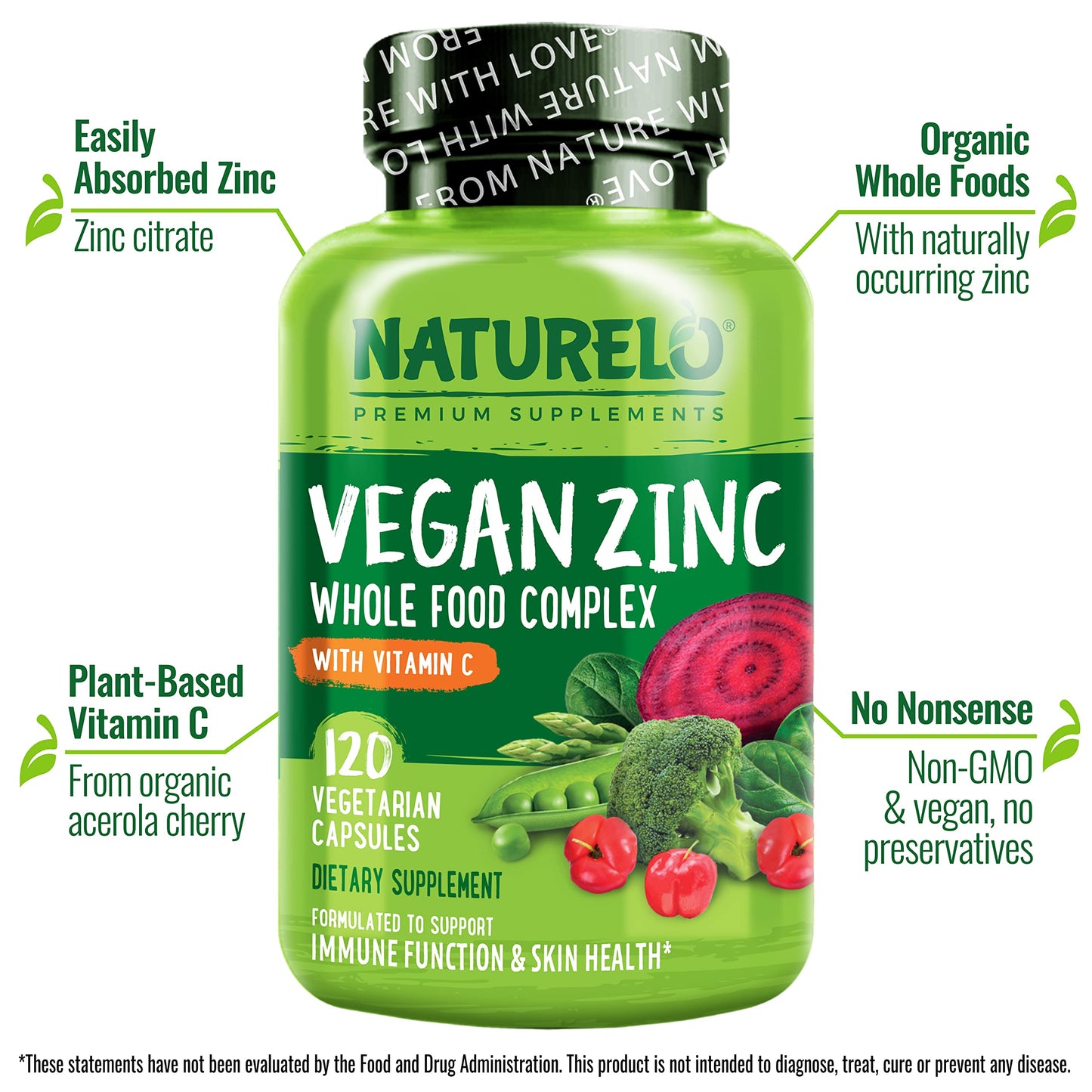 NATURELO Vegan Zinc Immune Support Capsules with Vitamin C 240 Capsules