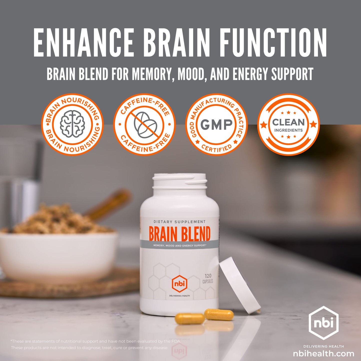 NBI Brain Blend for Memory, Focus, Concentration, Cognitive Function for Men & Women Capsules 120