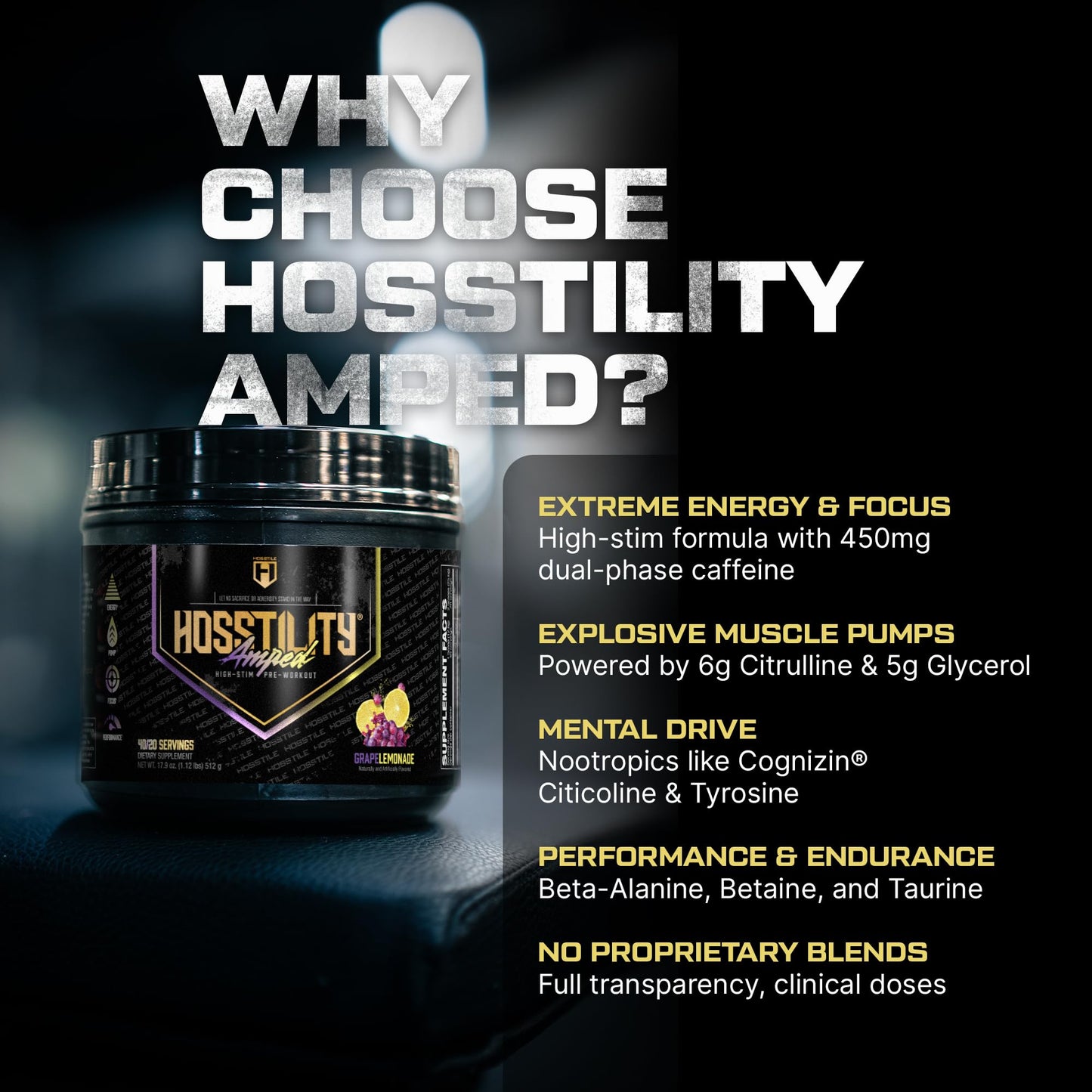 HOSSTILE Hosstility Amped High Stim Pre-Workout Powder, 17.9 oz