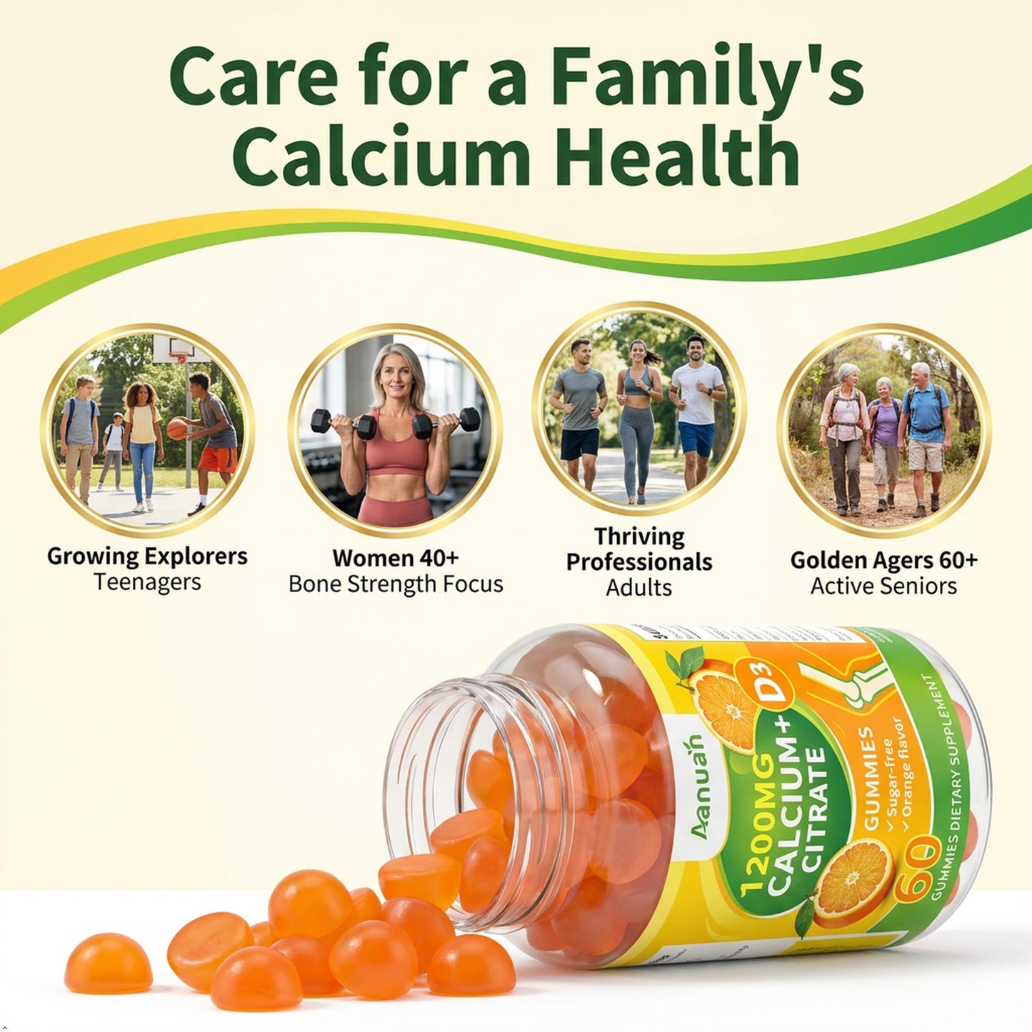 Aanuan Calcium Citrate 600-1200 mg with Vitamin D3 Gummies, 120 Count