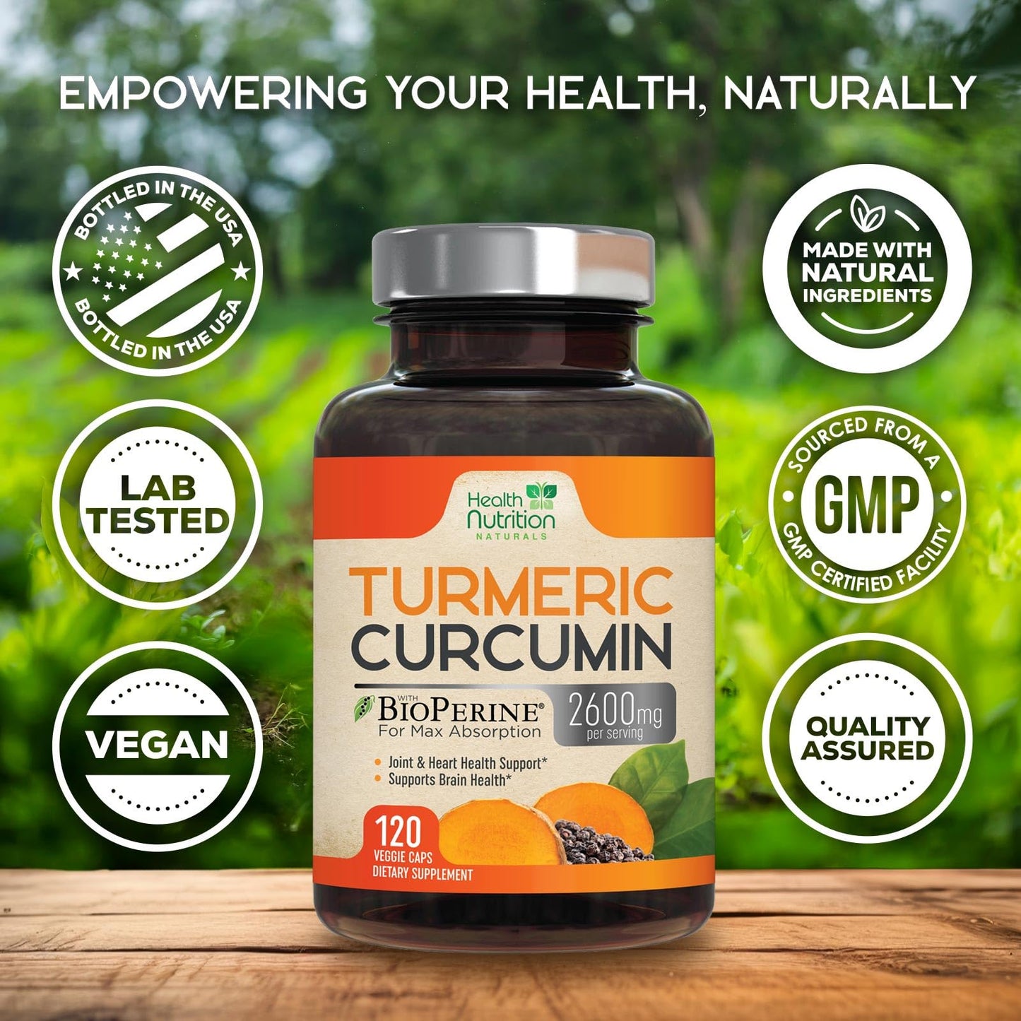 Health Nutrition Naturals Turmeric Curcumin Supplement 2600mg 95% Curcuminoids with Organic Turmeric & BioPerine for Best Absorption, Vegan Joint Support, Non-GMO, 120 Capsules