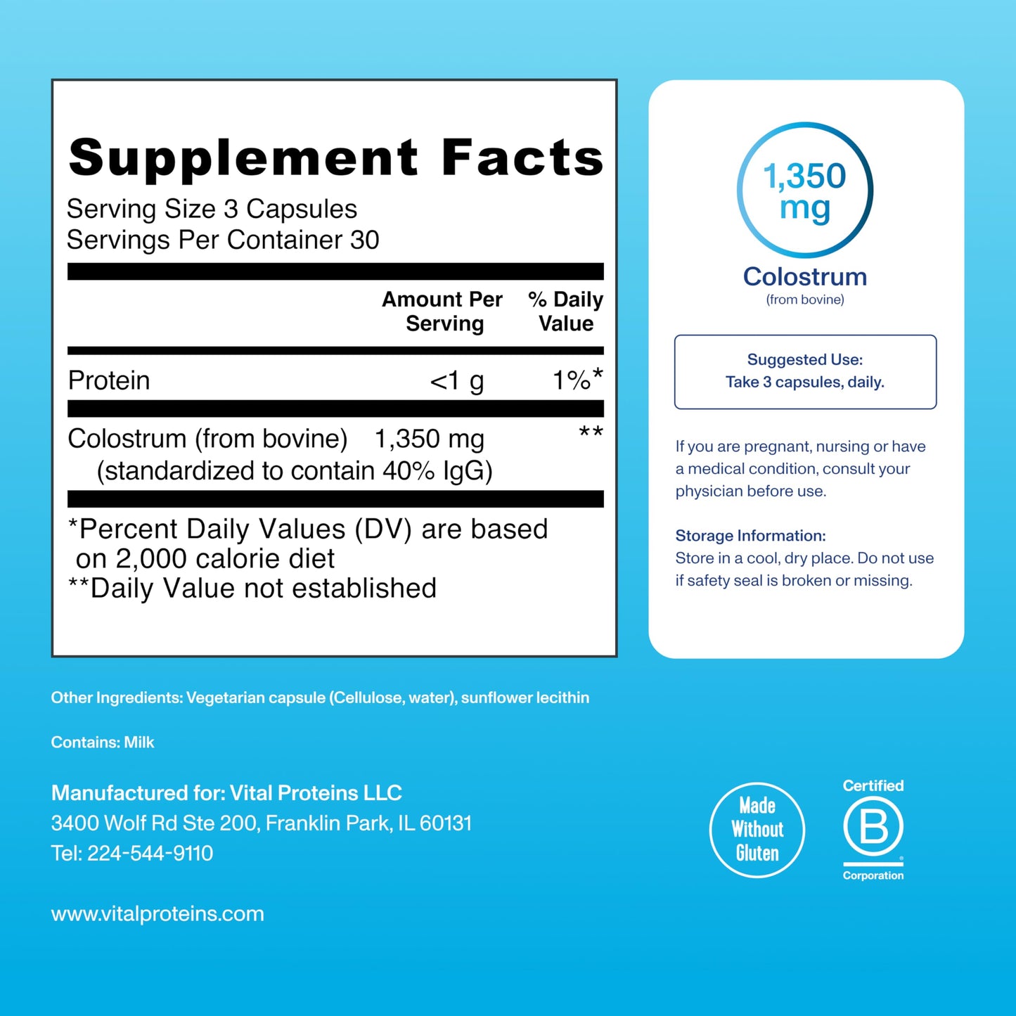 Vital Proteins Bovine Colostrum Supplement Capsule 90 Count