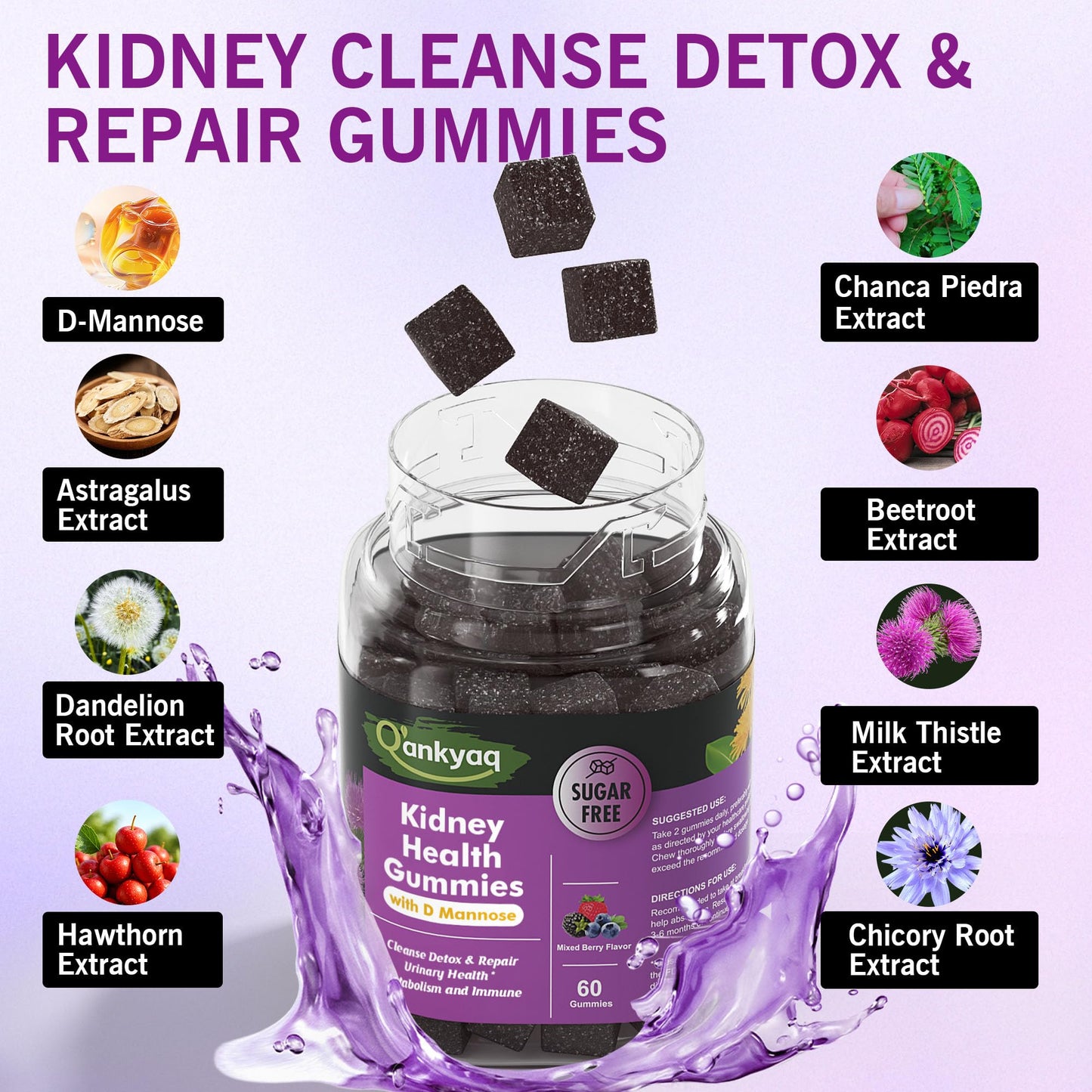Q'ankyaq Kidney Cleanse Detox & Repair D-Mannose Gummies for Women, Urinary Health & Kidney Stone Support, 60 Gummies